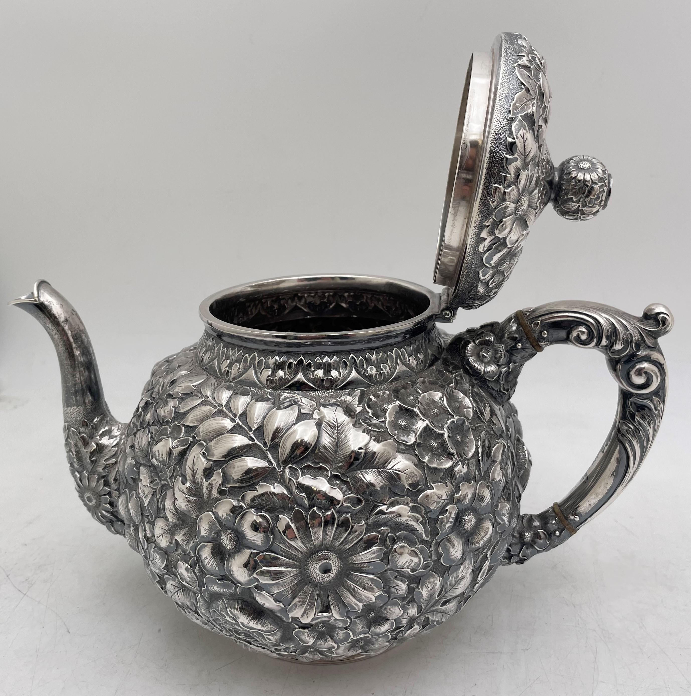 Wood & Hughes Sterling Silver 6-Piece Repousse 19th Century Tea Set with Tray In Good Condition For Sale In New York, NY