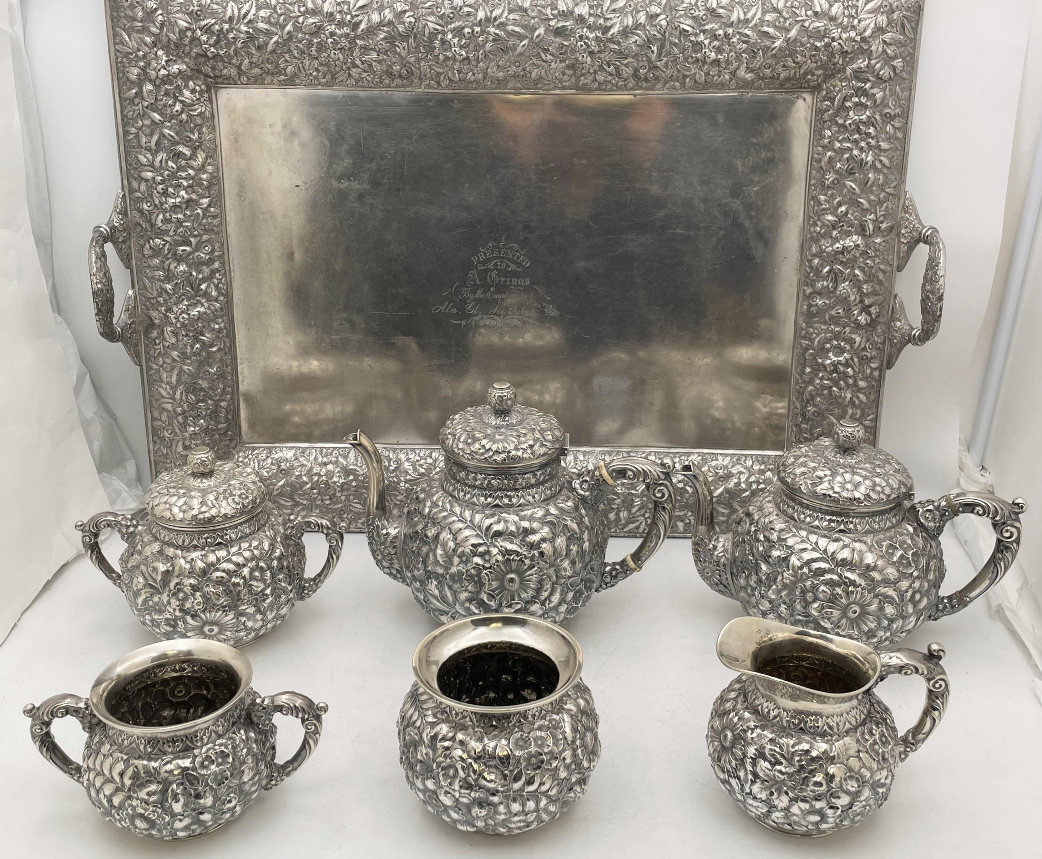 Wood & Hughes Sterling Silver 6-Piece Repousse 19th Century Tea Set with Tray For Sale