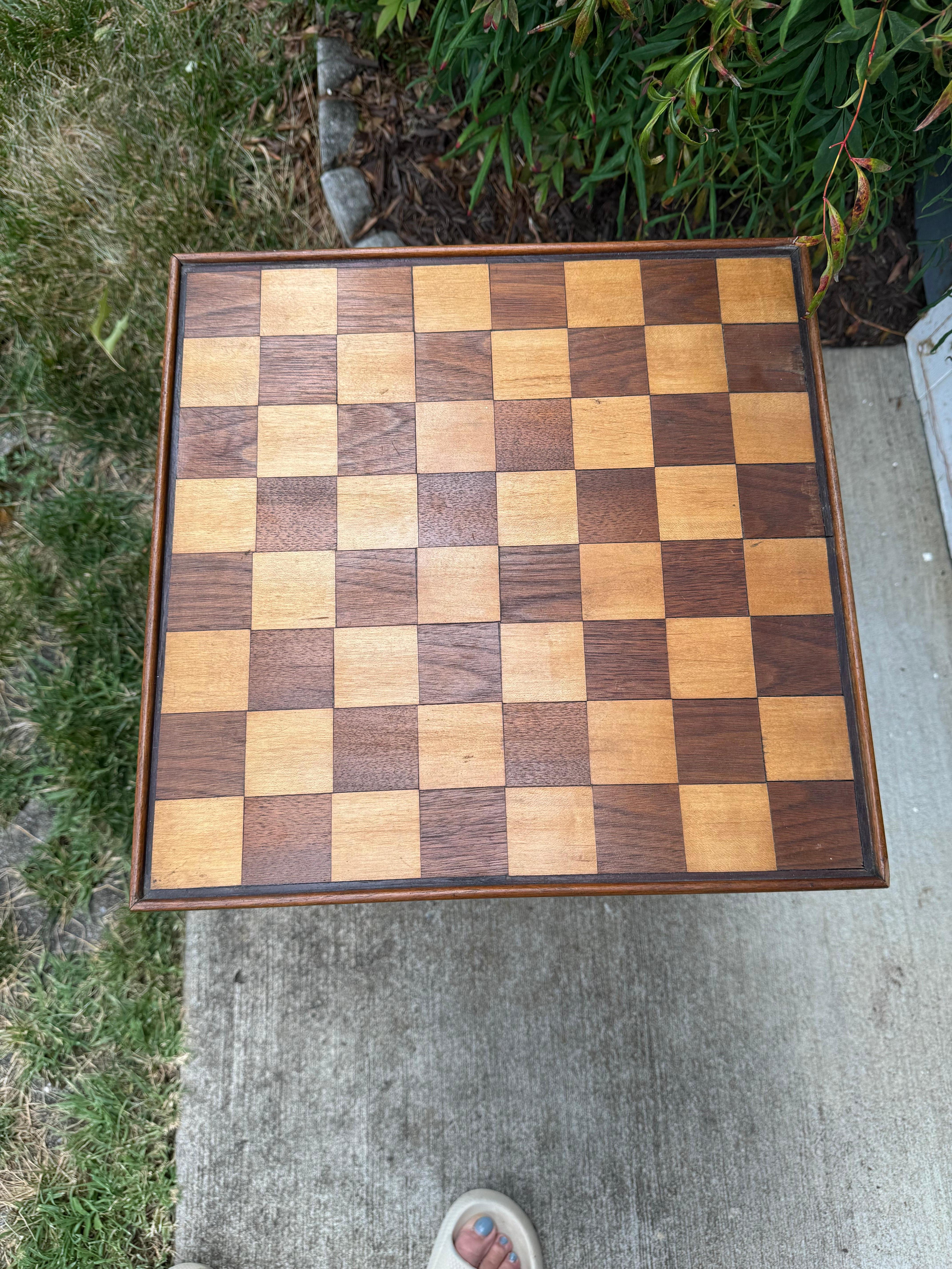 Unknown Wood Inlaid Top Chess Checker Game Side Table