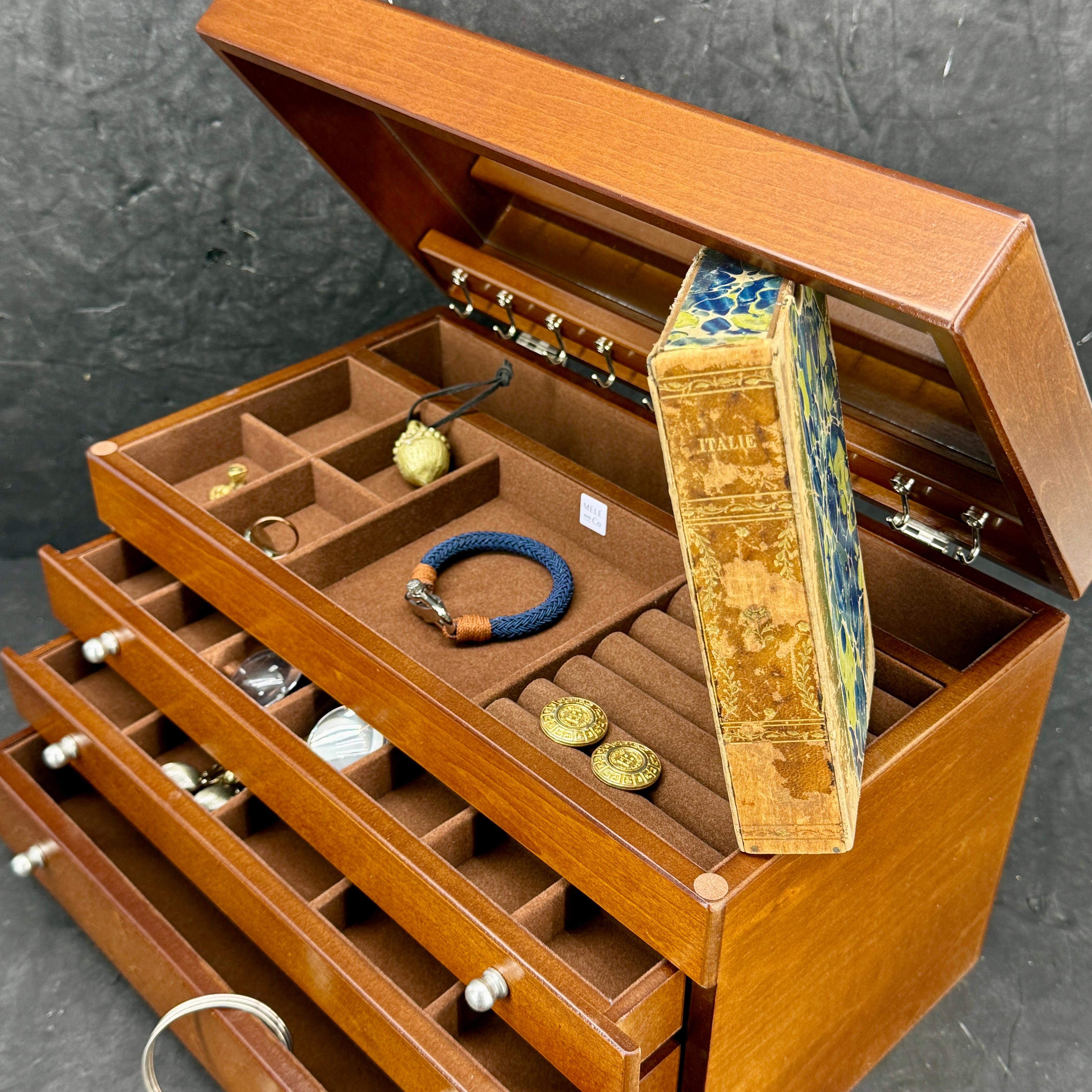 Boîte à bijoux en bois avec tiroirs Intérieur en daim en vente 4