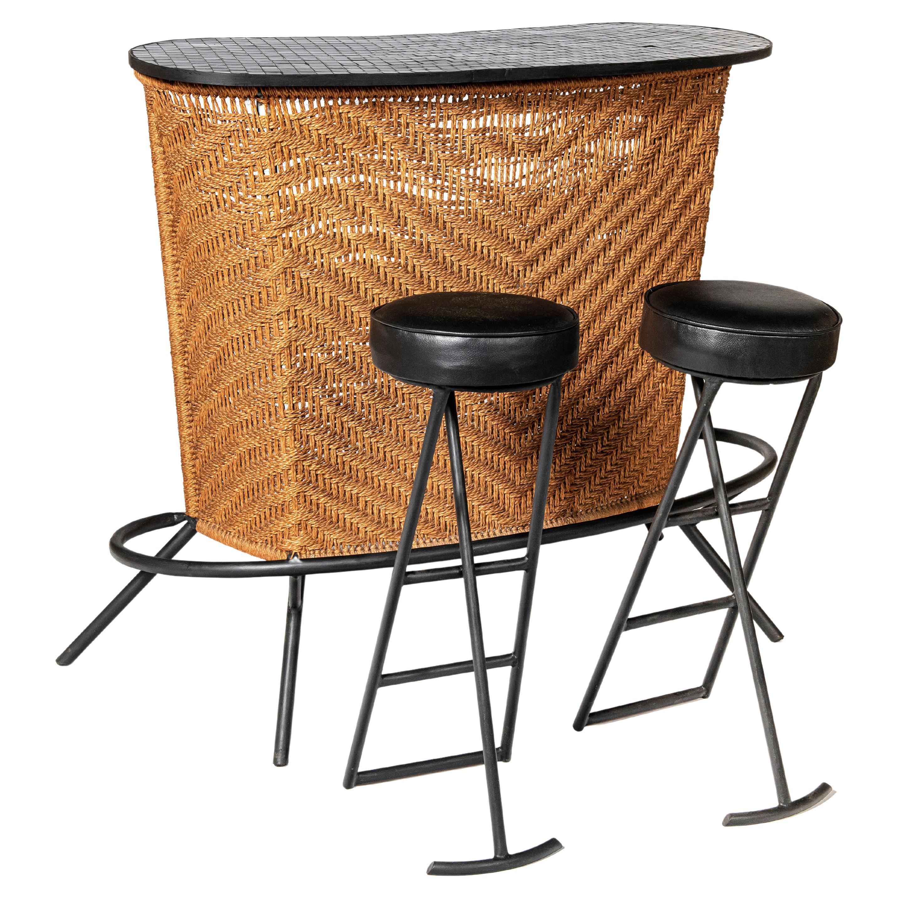 Wood, Jute, Iron, Venetian Tiles American Bar with Two Stools, Mid-20th Century For Sale