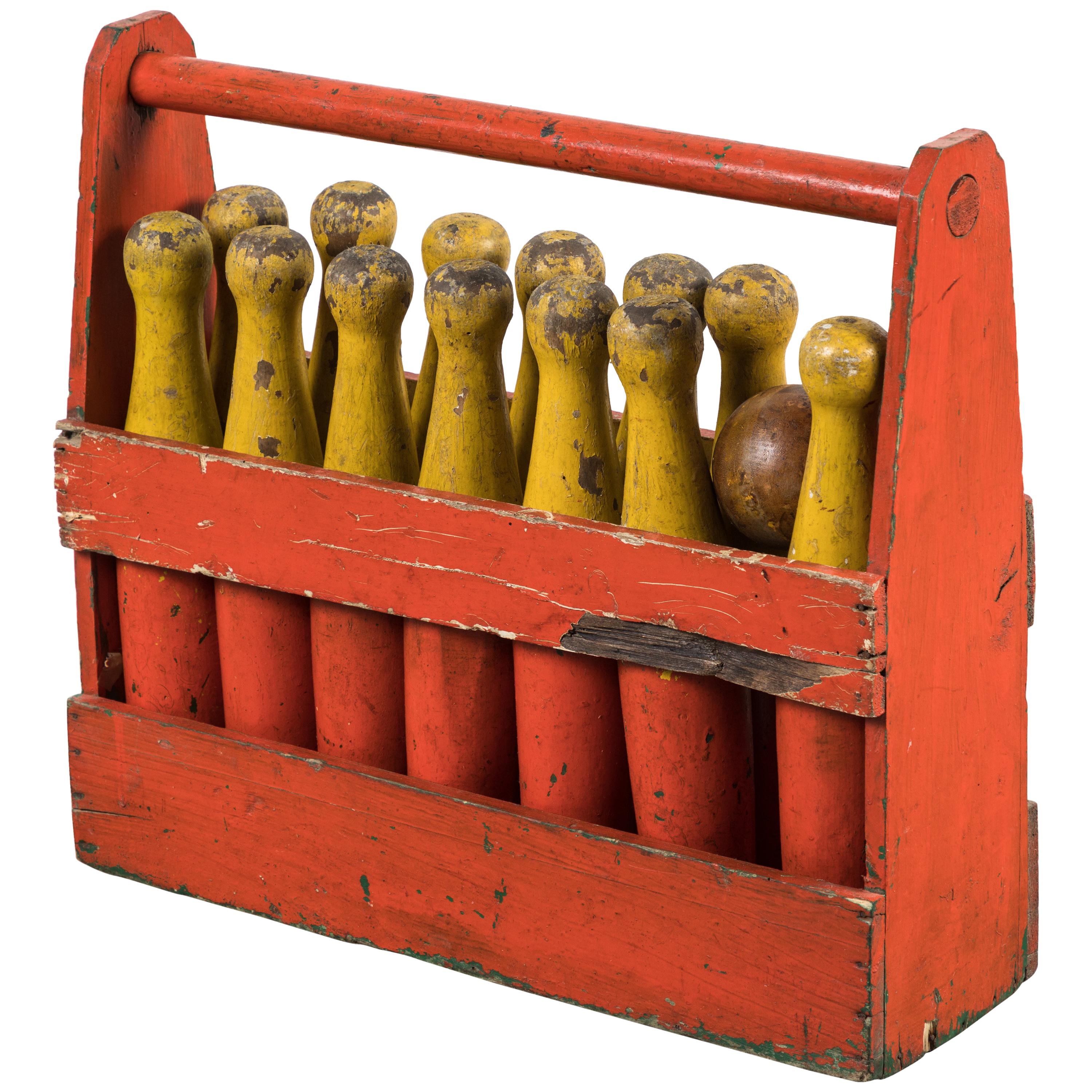 Wood Lawn Bowling Game Original Caddy and Bowling Balls, circa 1900 For Sale