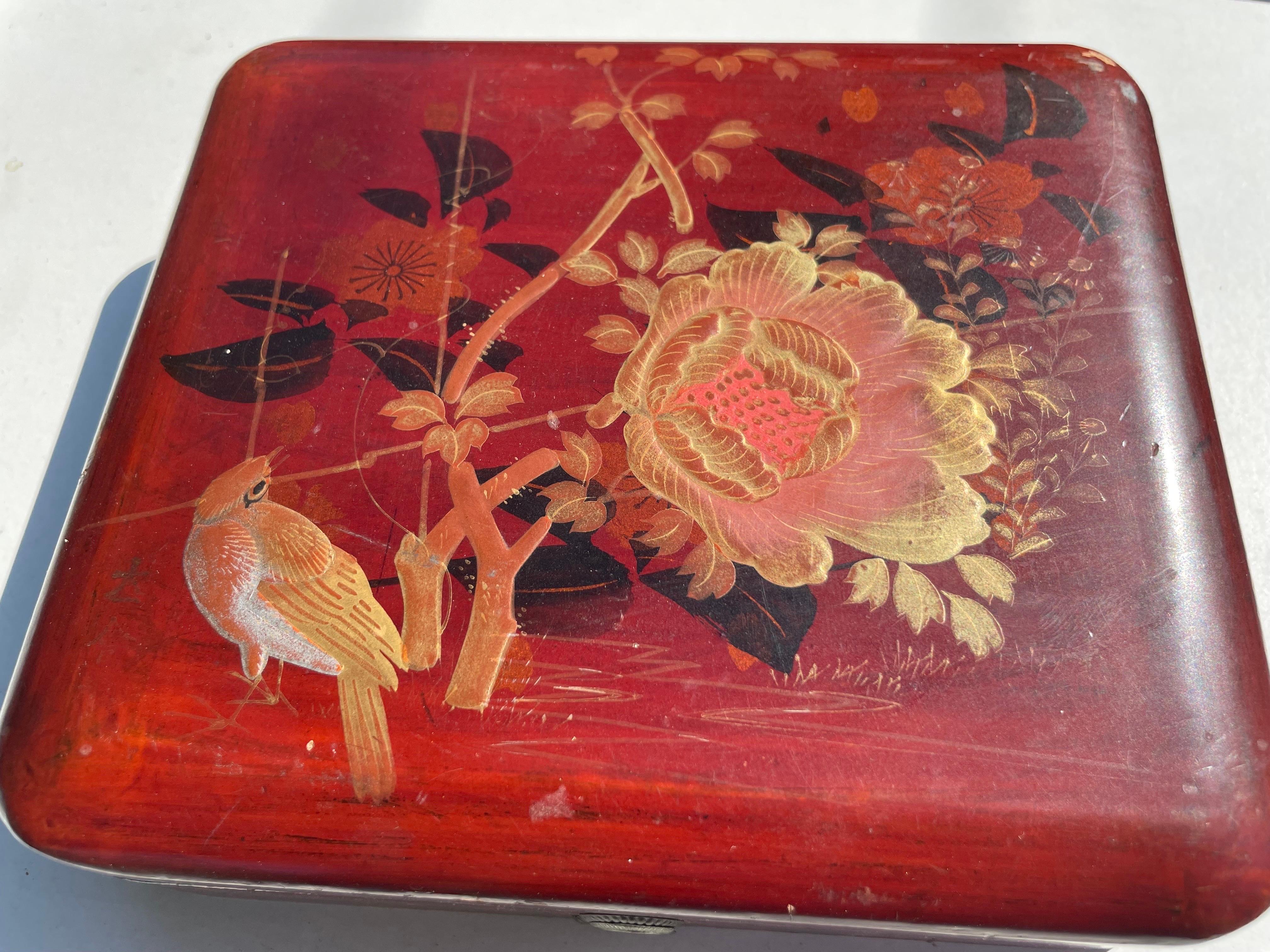20th Century Wood Lidded Box, Hand-Painted and Lacquered, Japanese, Early 20Century For Sale