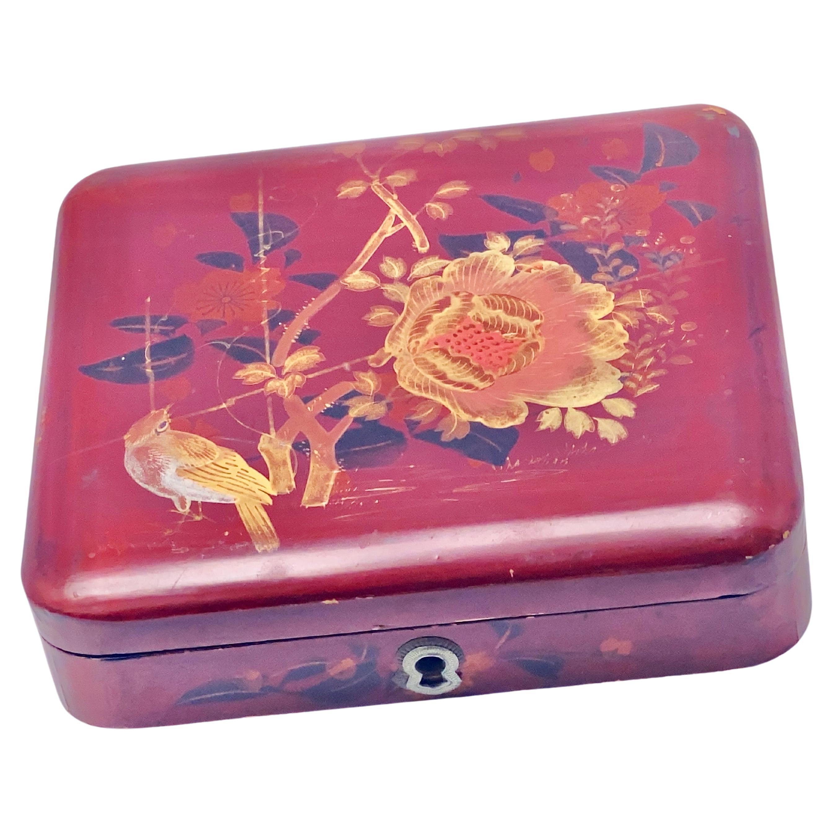 Wood Lidded Box, Hand-Painted and Lacquered, Japanese, Early 20Century For Sale