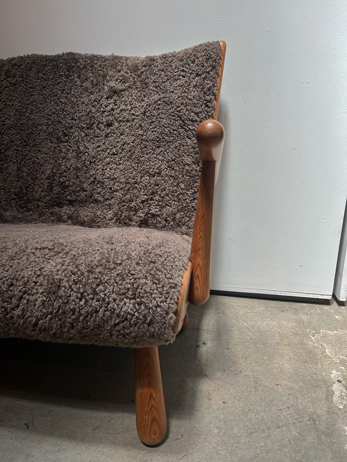 Scandinavian Modern Wood Love Seat with Mocha Sheepskin For Sale