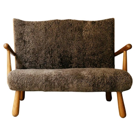 Wood Love Seat with Mocha Sheepskin
