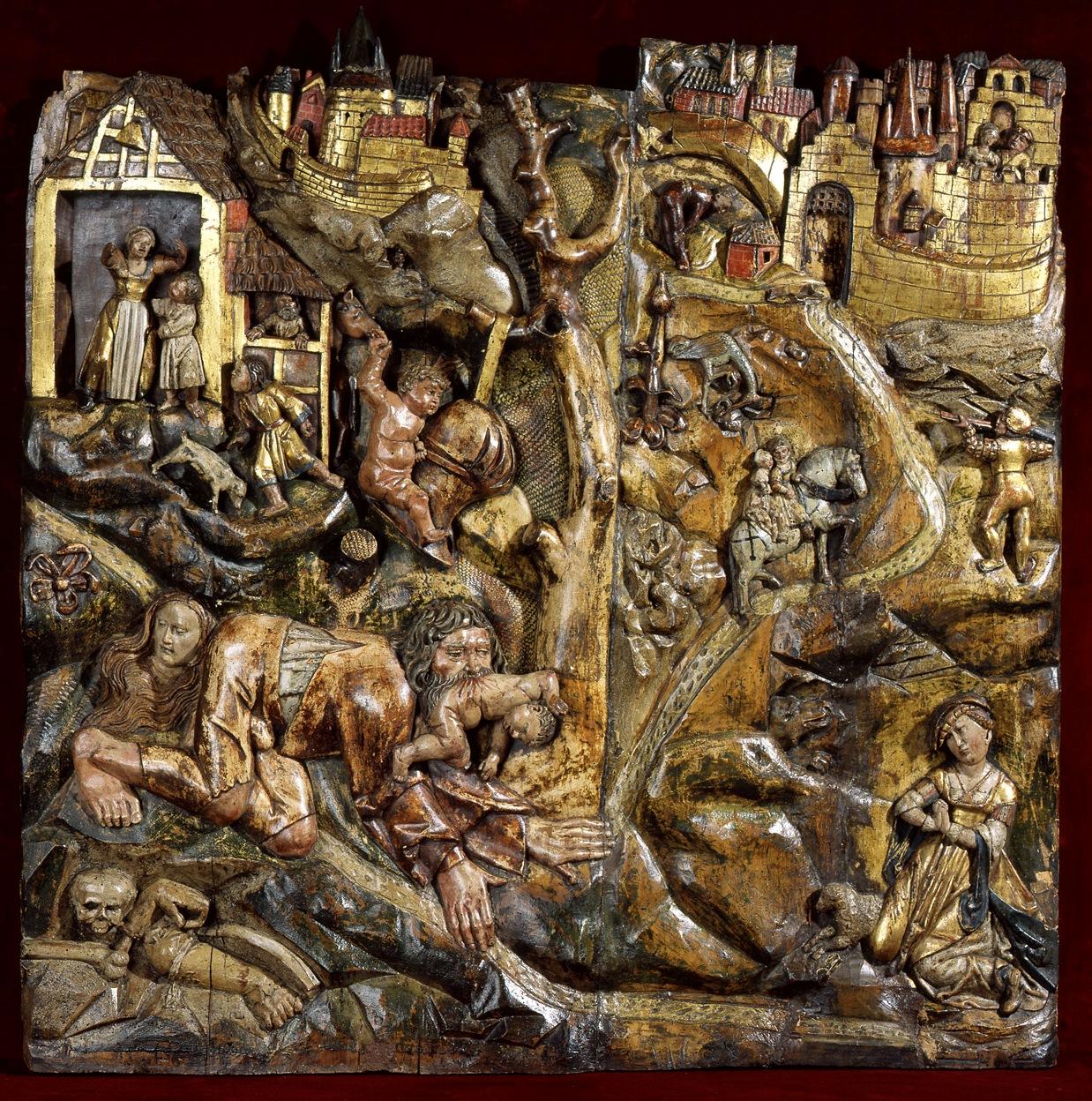 Exceptionnel bas-relief en bois polychrome représentant un loup-garou et saint georges d'après une gravure sur bois de lucas cranach (