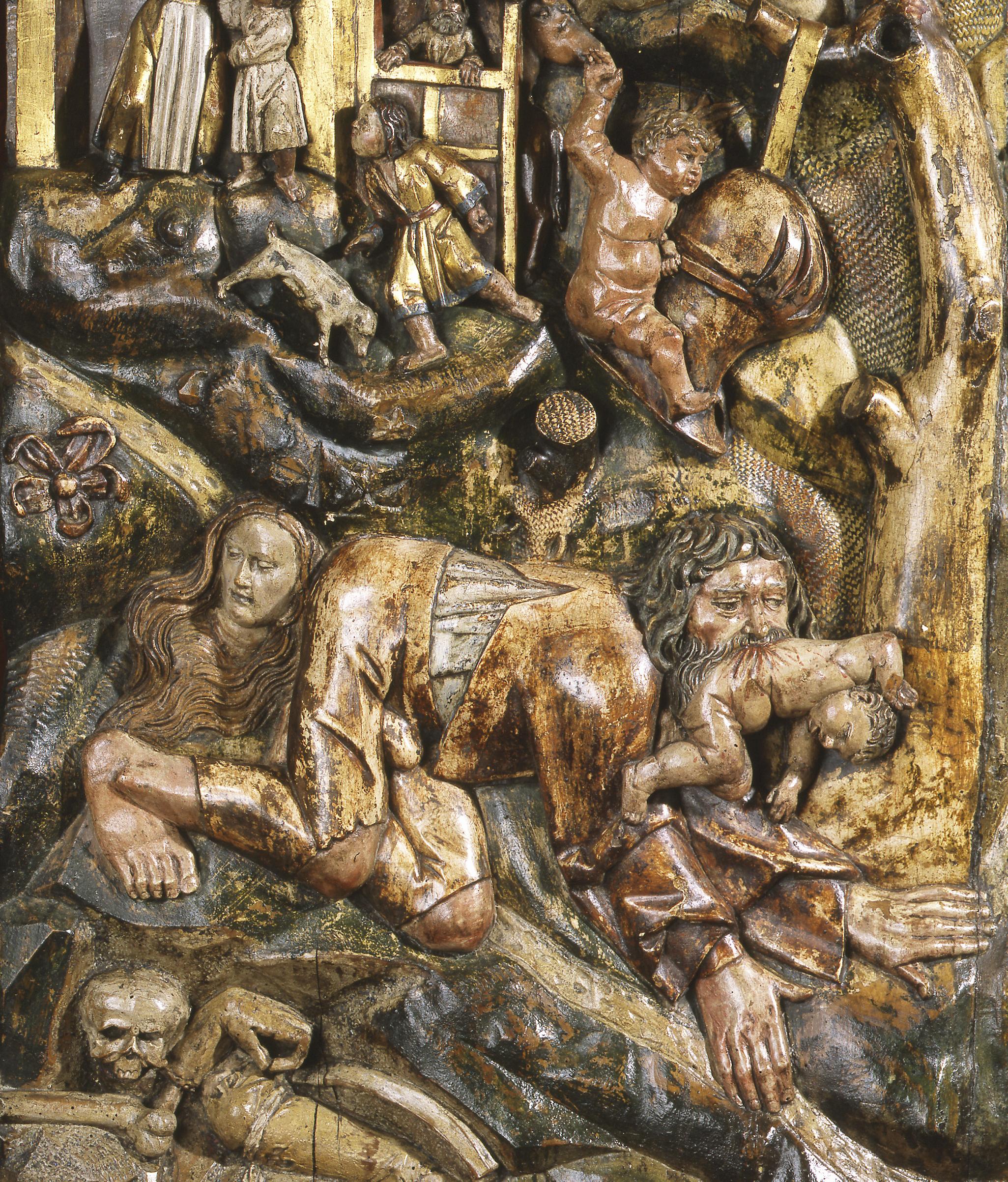 Wood Low-Relief mit der Darstellung eines Werwolfs und Saint George (Deutsch) im Angebot