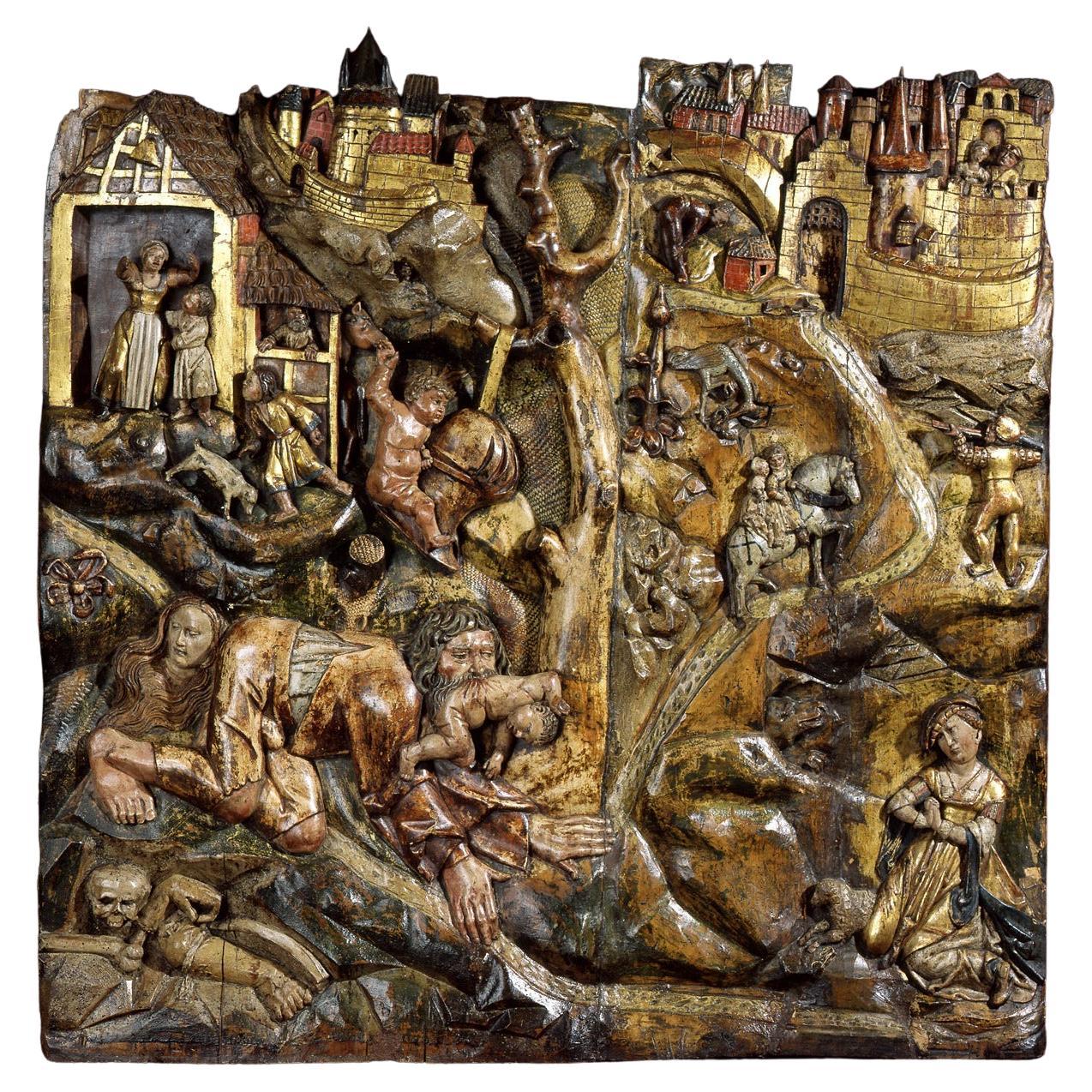 Wood Low-Relief mit der Darstellung eines Werwolfs und Saint George im Angebot