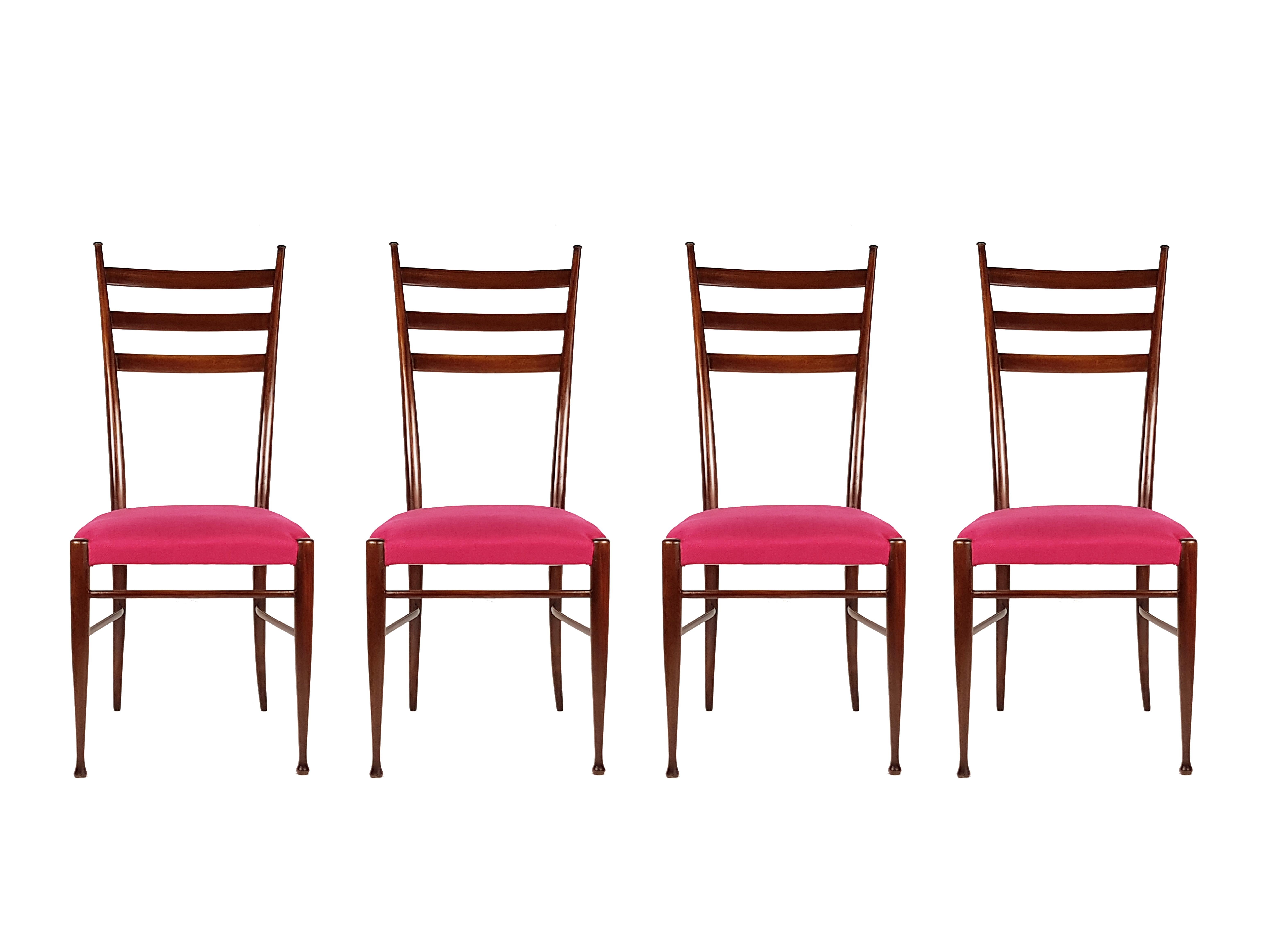 Mid-Century Modern Wood & Magenta Fabric Seat 1950s Dining Chairs by Paolo Buffa, Set of 4 For Sale