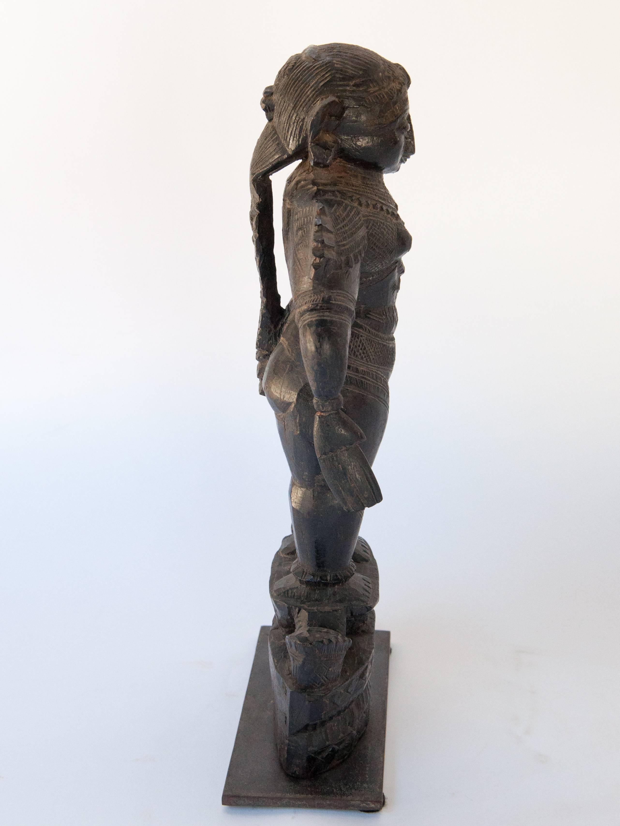 Tribal Wood Marapachi Doll from Tamil Nadu, Mid-20th Century, Hand-Carved & Blackened