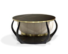 Mesa de centro "otomana" de madera, mármol y terciopelo