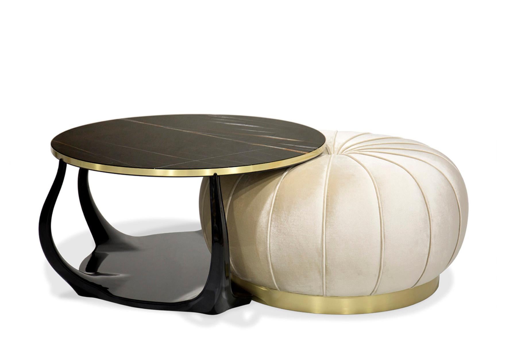 Contemporary Wood, Marble and Velvet Coffee Table 