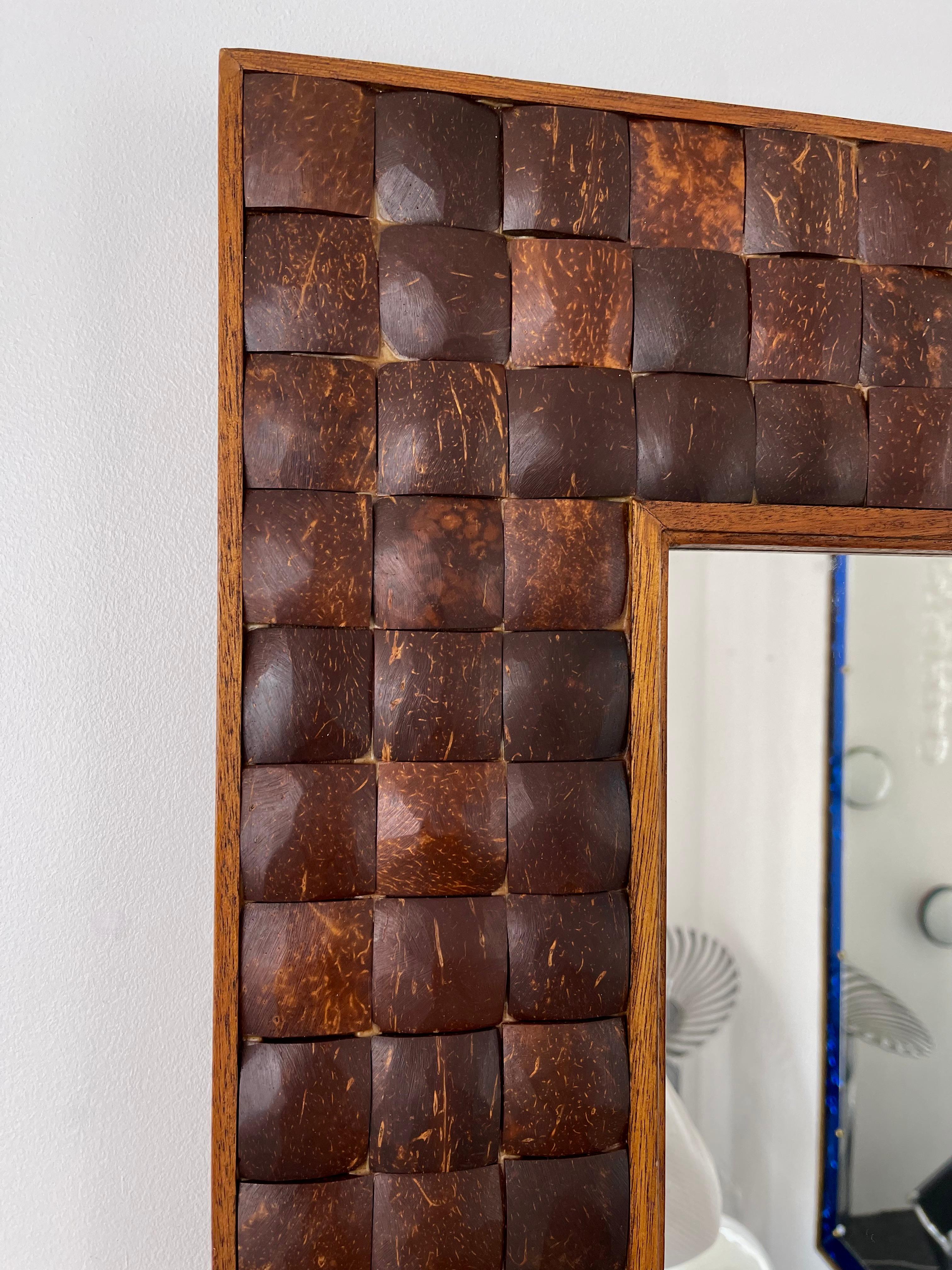 Mid-Century Modern Wood Marquetry Cabochon Mirror, Italy