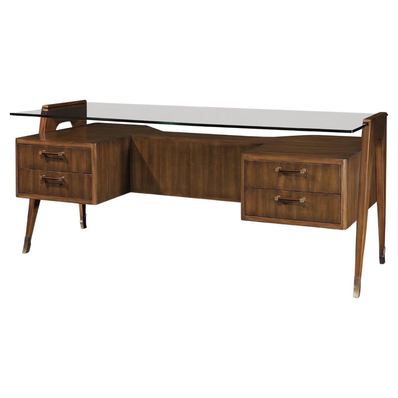 Wood Mid-Century Modern Style Arezzo Desk with Floating Crystal Top For Sale