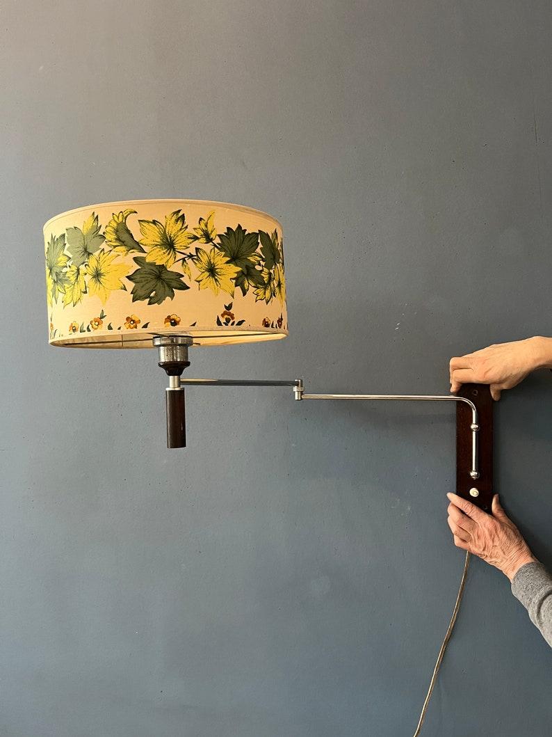 Wood Mid Century Swing Arm with Flower Patterned Shade, 1970s In Excellent Condition In ROTTERDAM, ZH