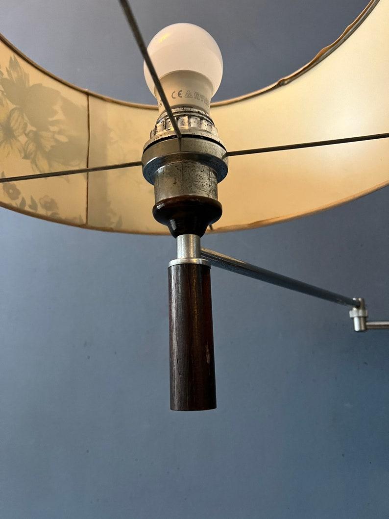 20th Century Wood Mid Century Swing Arm with Flower Patterned Shade, 1970s