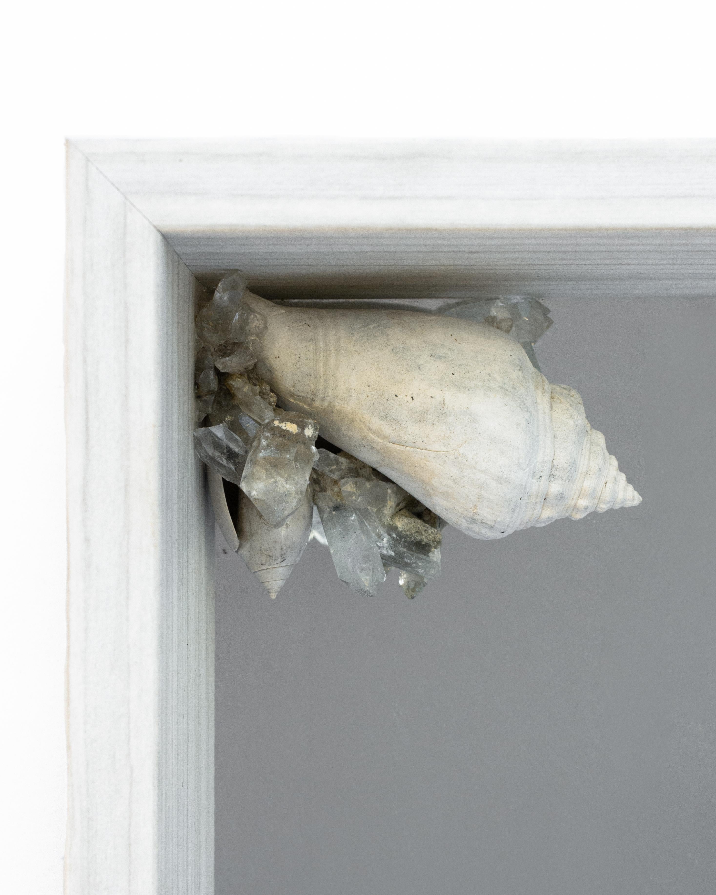 Shadowbox frame wall mirror decorated with faden crystal points and fossil shells.