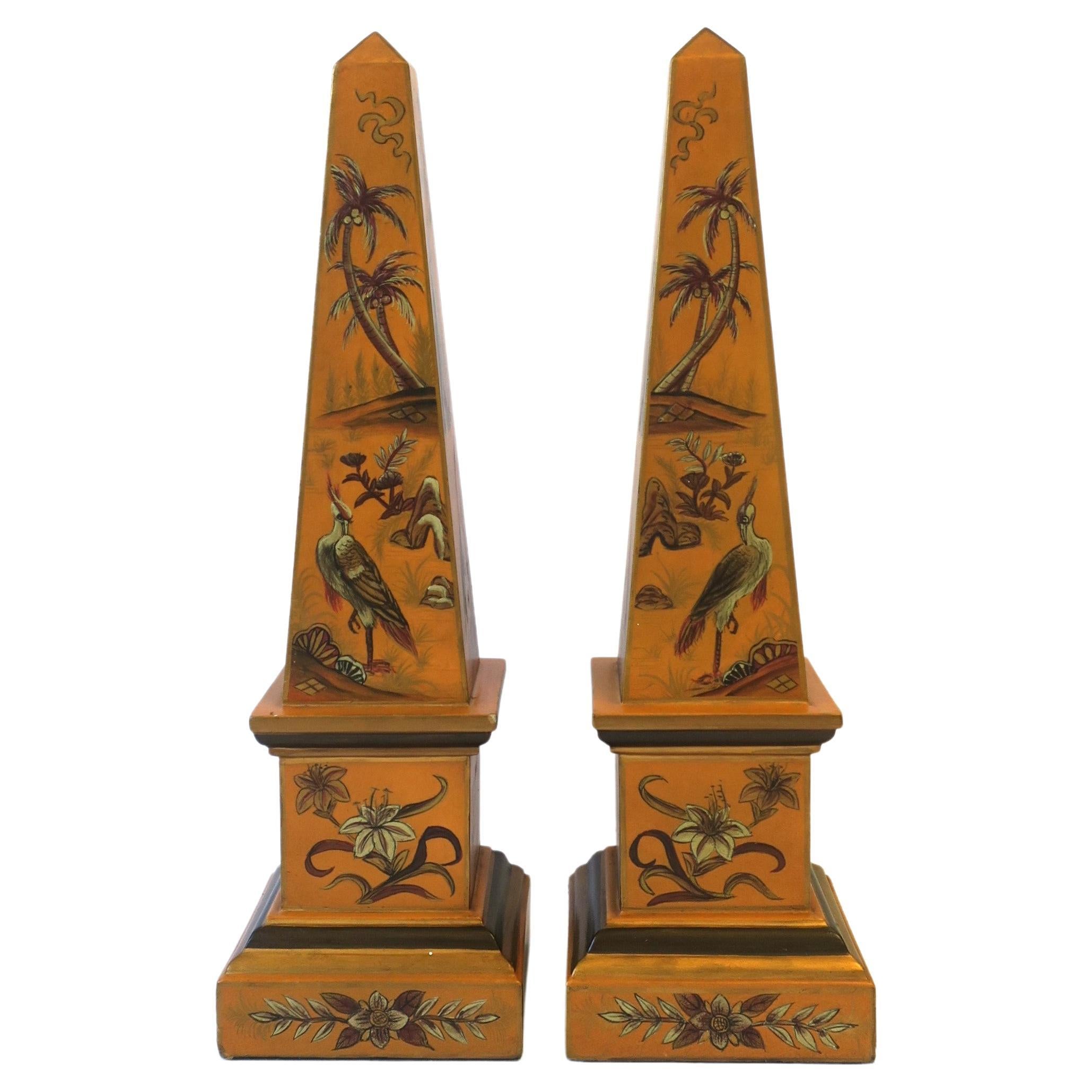Obelisks with Tropical Design of Palm Trees Crane Birds and Flowers, Pair