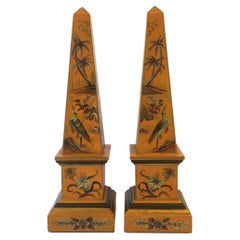 Wood Obelisks with Tropical Design of Palm Trees Crane Birds and Flowers, Pair
