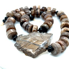 Wood Opalite, Smoky Topaz, and Onyx Beaded Necklace with Yellow Gold Accents