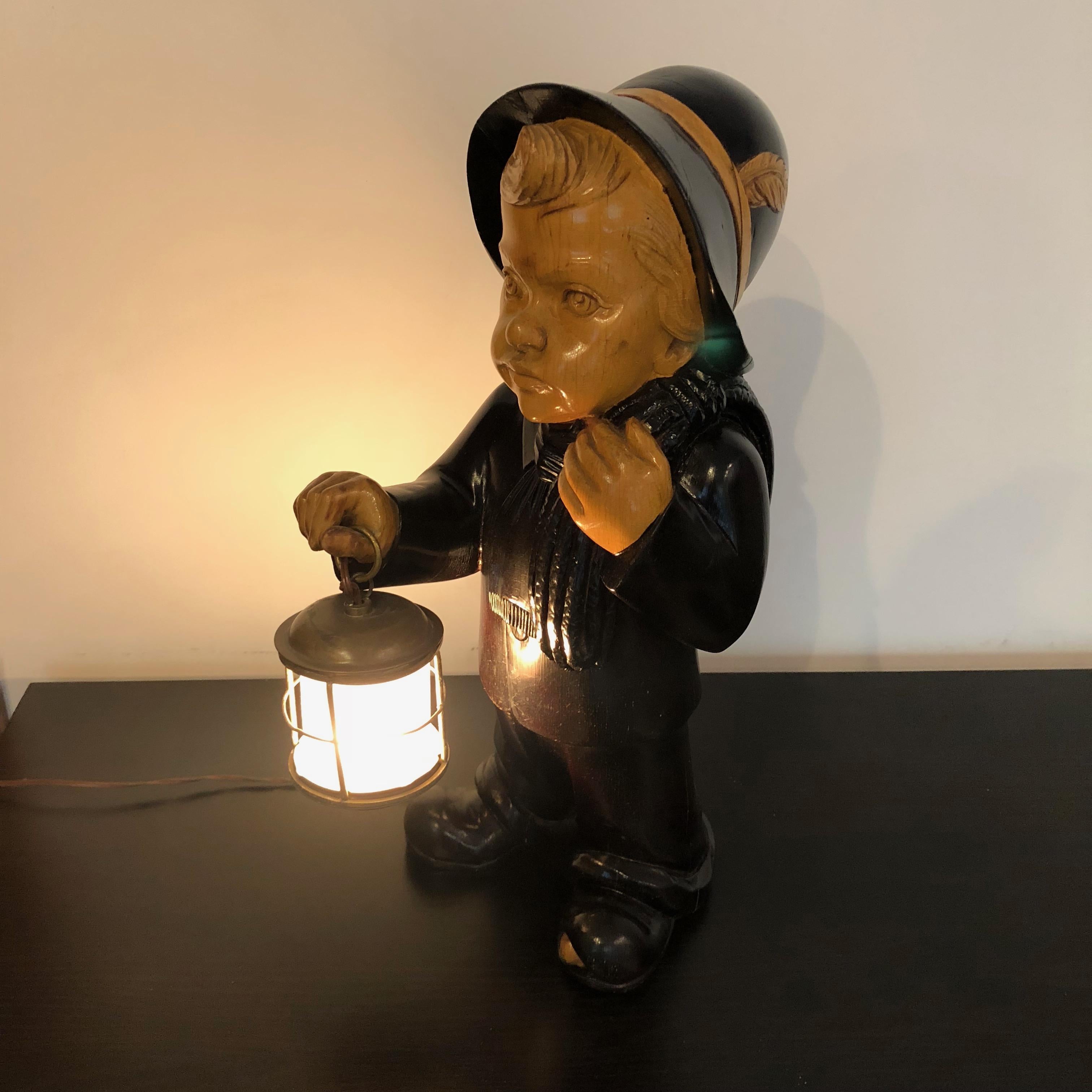 Hand-Carved Wood Orphan Child Lantern Table Lamp by Aldo Tura for Macabo, Italy, 1950s For Sale