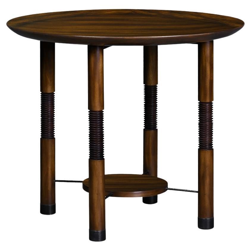 Wood Palermo Lamp Table with Round Table, Decorative Cymbal Details & Metal Tips For Sale
