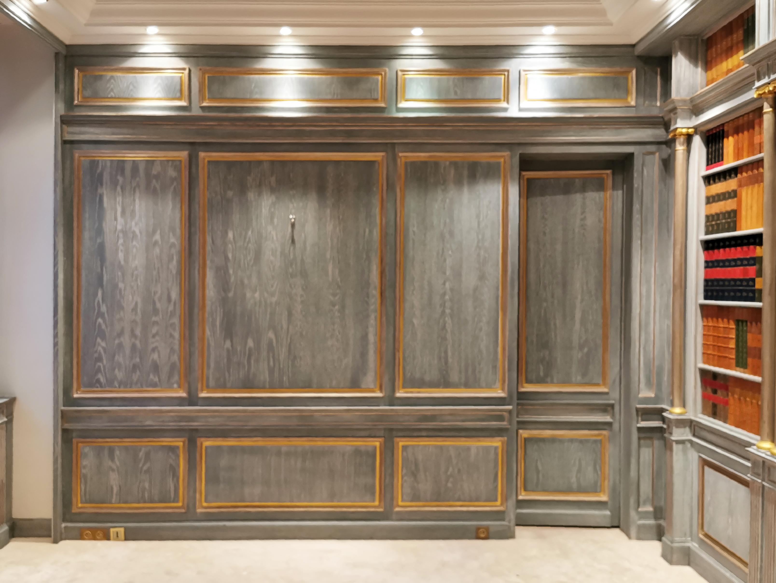 Wood Paneled Room with Trompe L'oeil Library Decoration, Late 20th Century For Sale 7