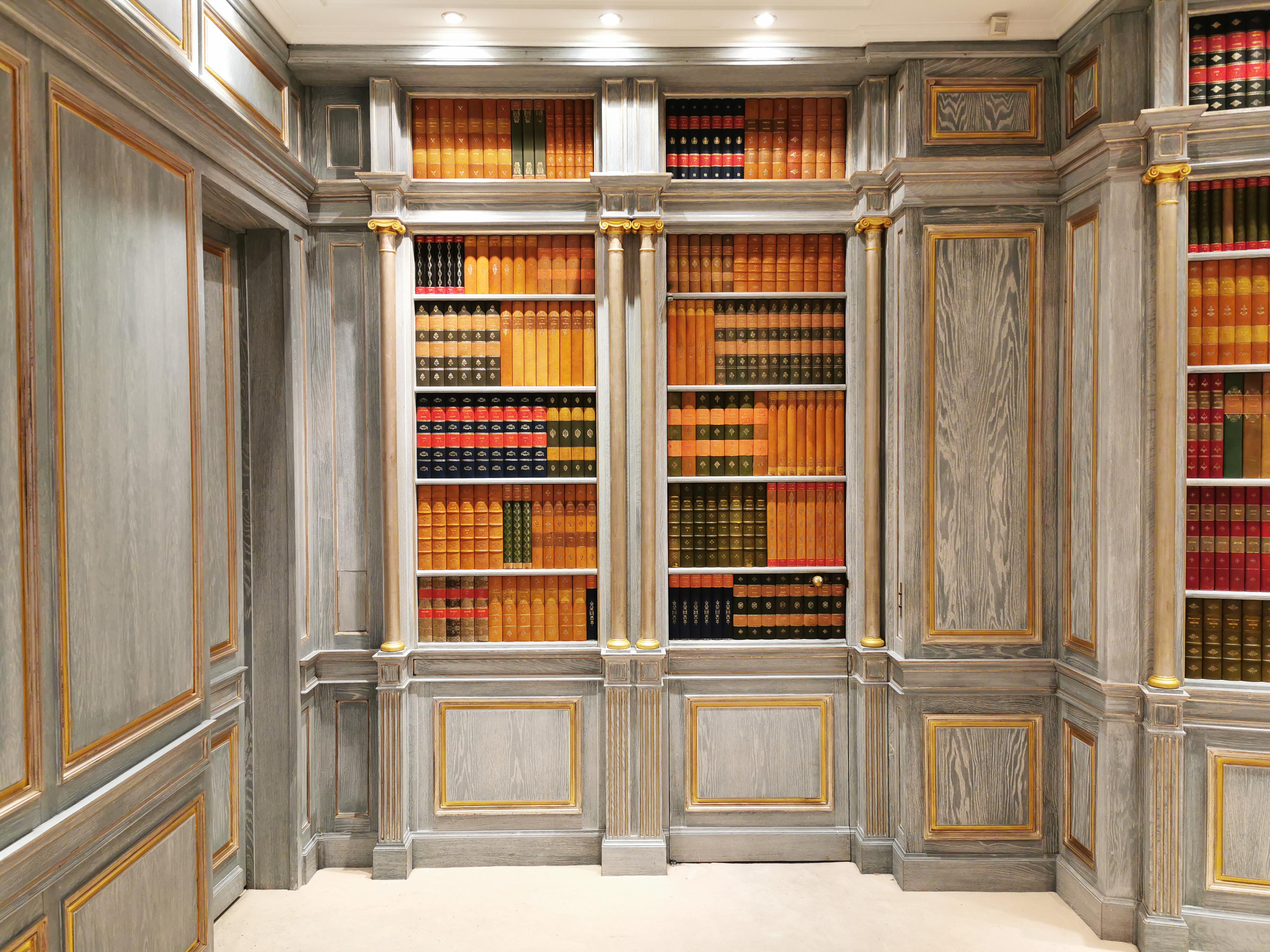 Louis XVI Salle à panneaux en bois avec décoration de bibliothèque en trompe-l'œil, fin du 20e siècle en vente