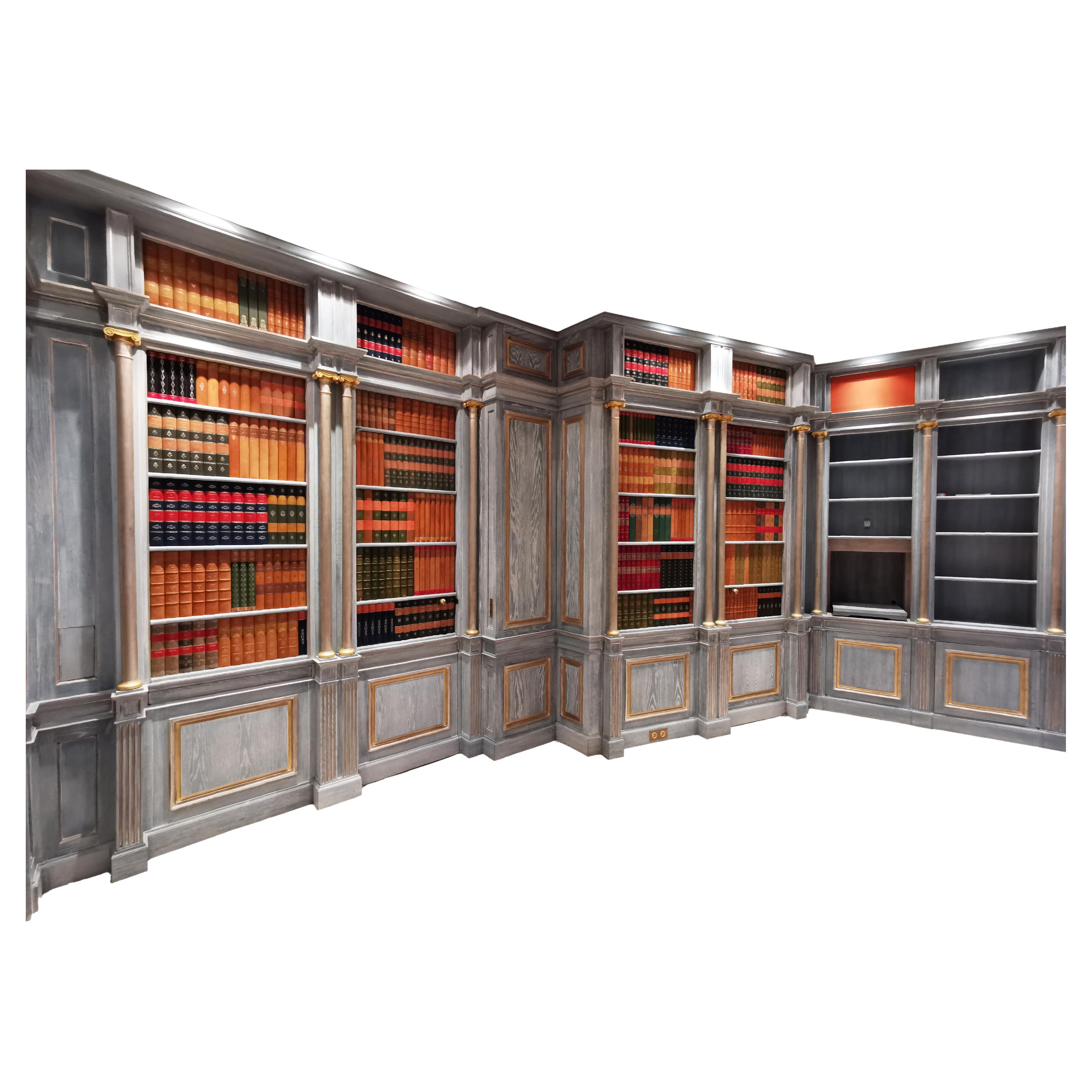 Wood Paneled Room with Trompe L'oeil Library Decoration, Late 20th Century For Sale