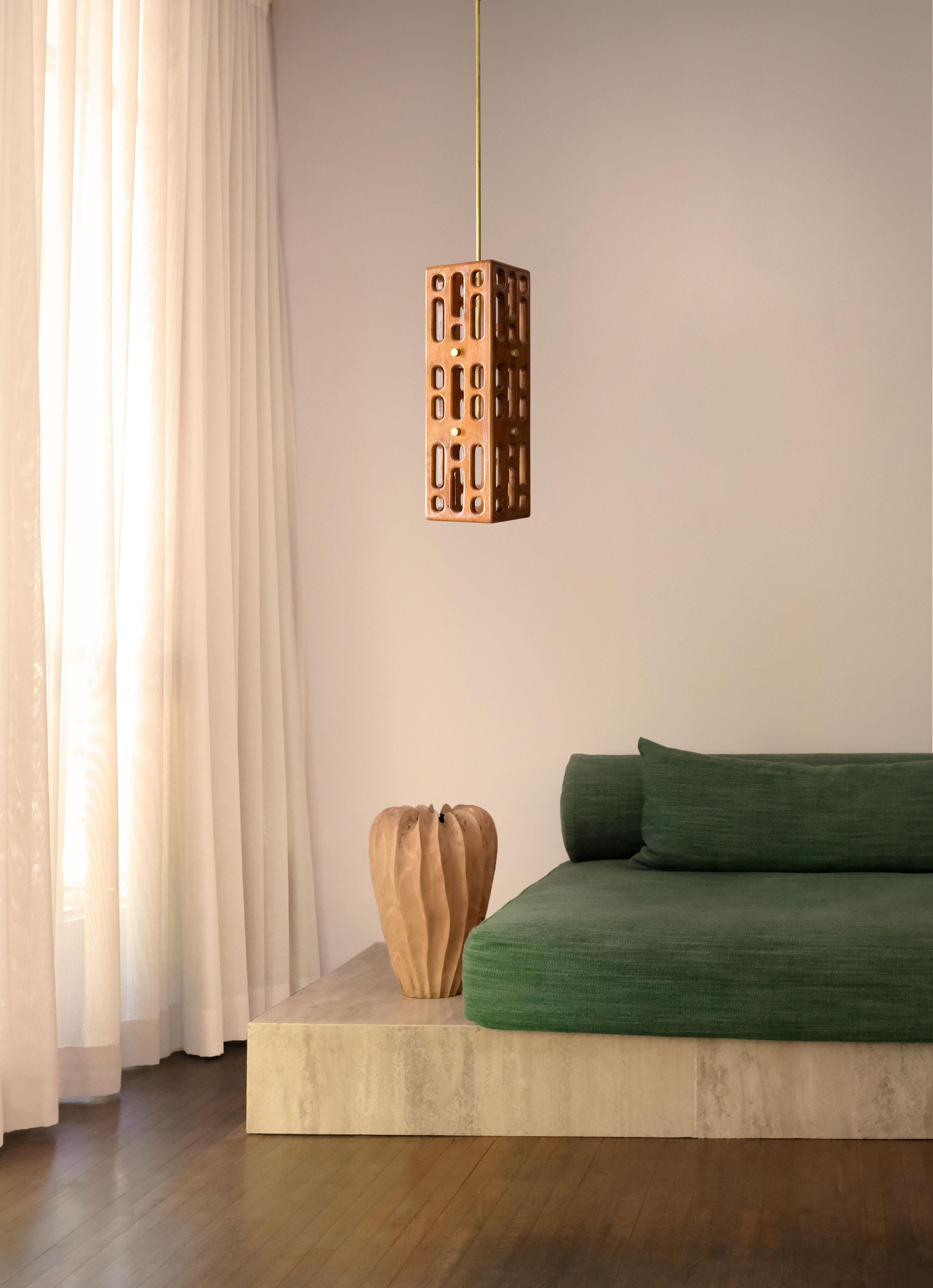 Mexican Wood Pendant, Brushed Brass Hardware, Vertical, Size A, Celosía Collection For Sale