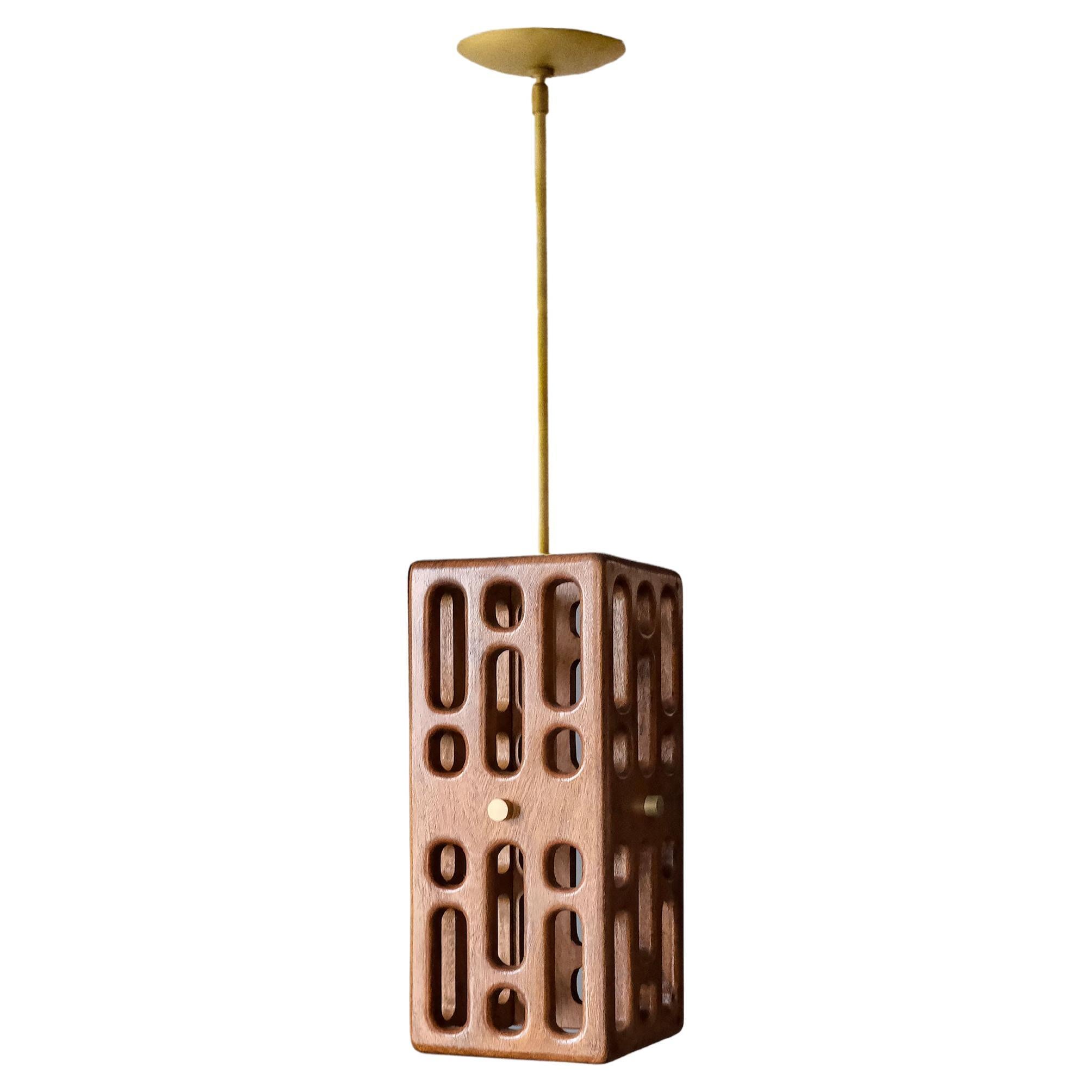 Wood Pendant, Brushed Brass Hardware, Vertical, Size A, Celosía Collection