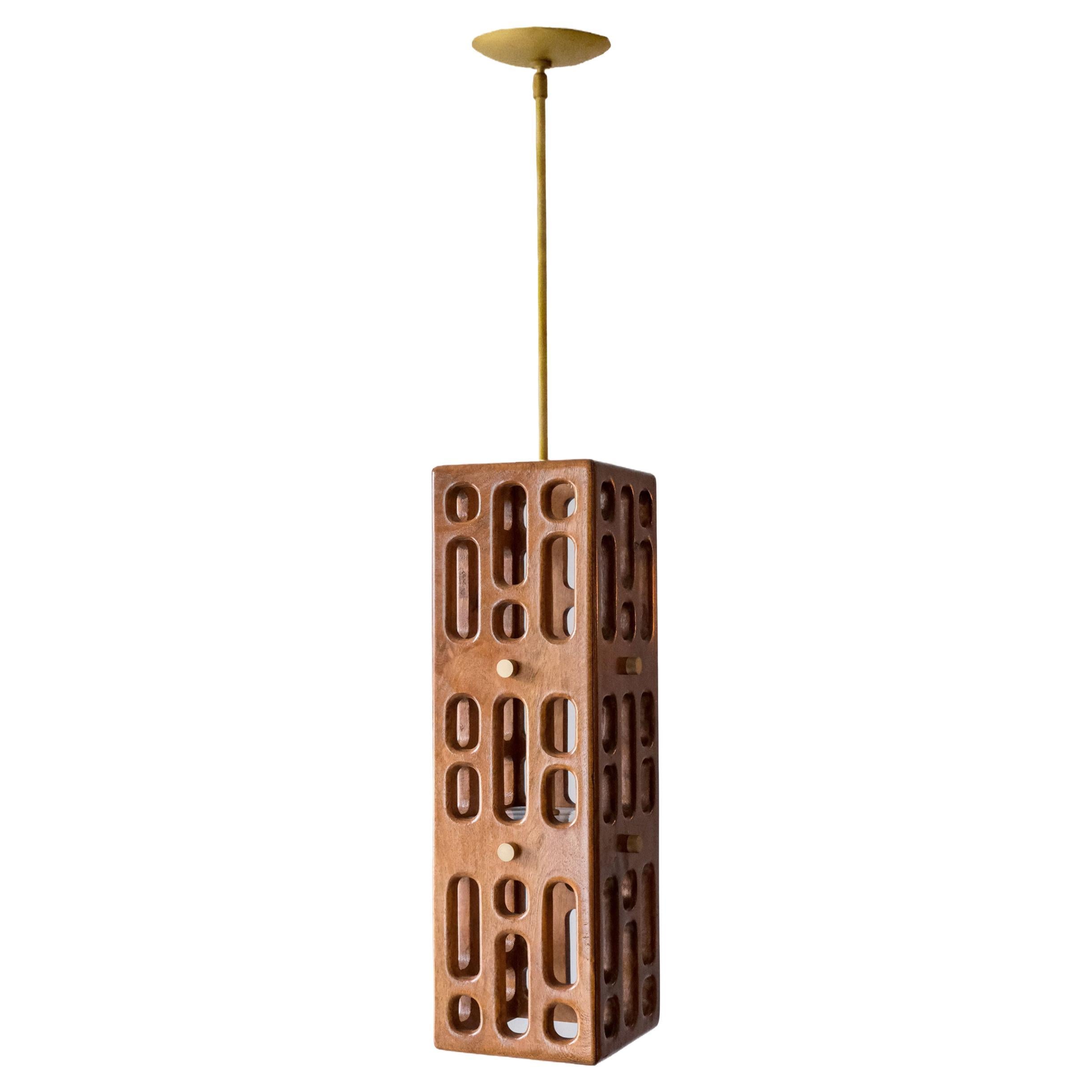 Wood Pendant, Brushed Brass Hardware, Vertical, Size B, Celosía Collection