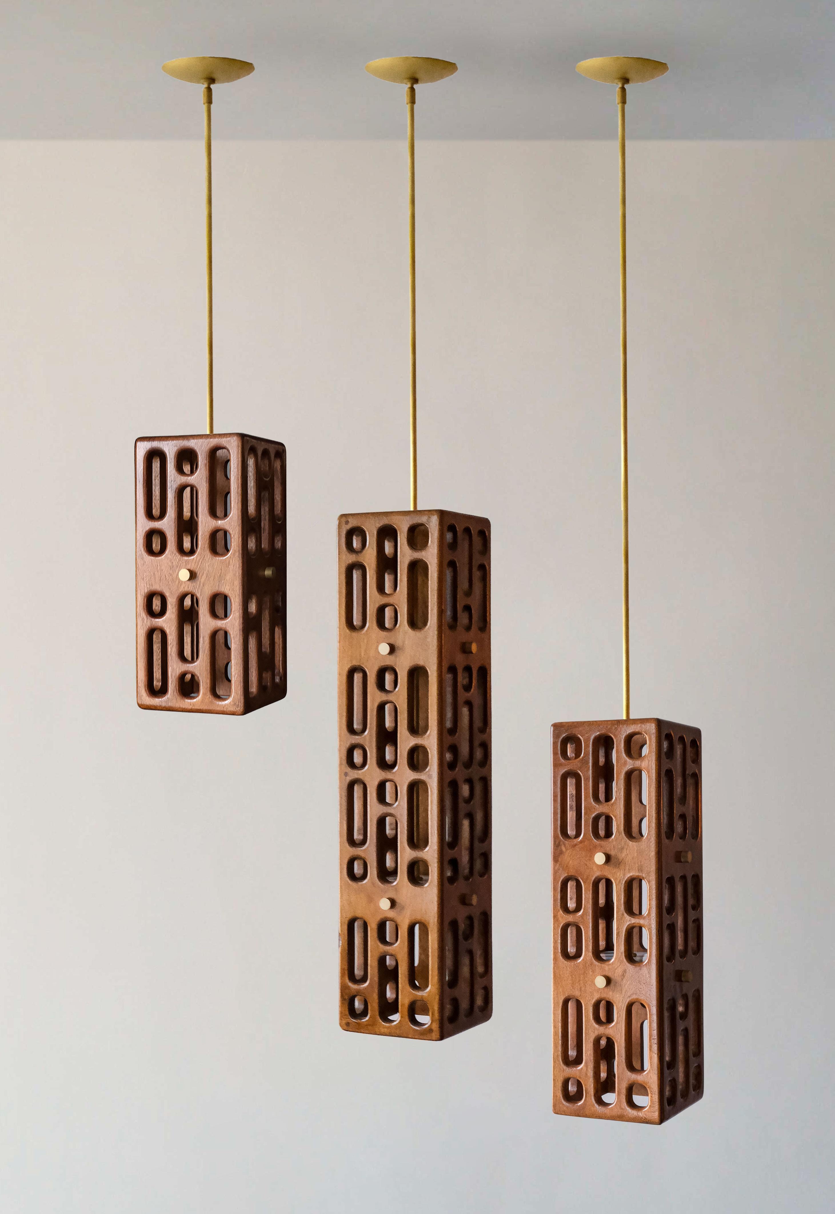 Mexican Wood Pendant, Brushed Brass Hardware, Vertical, Size C, Celosía Collection For Sale
