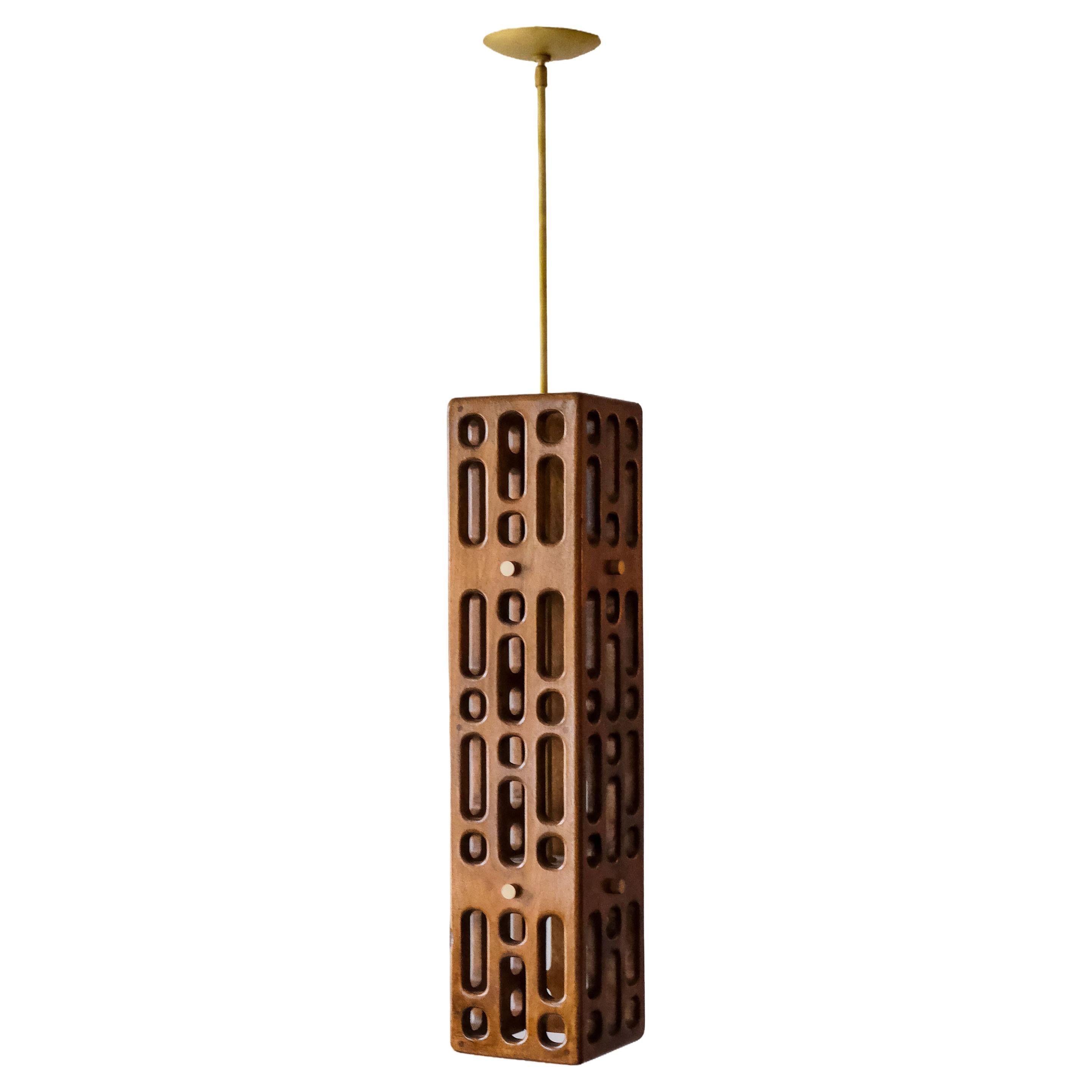 Wood Pendant, Brushed Brass Hardware, Vertical, Size C, Celosía Collection For Sale