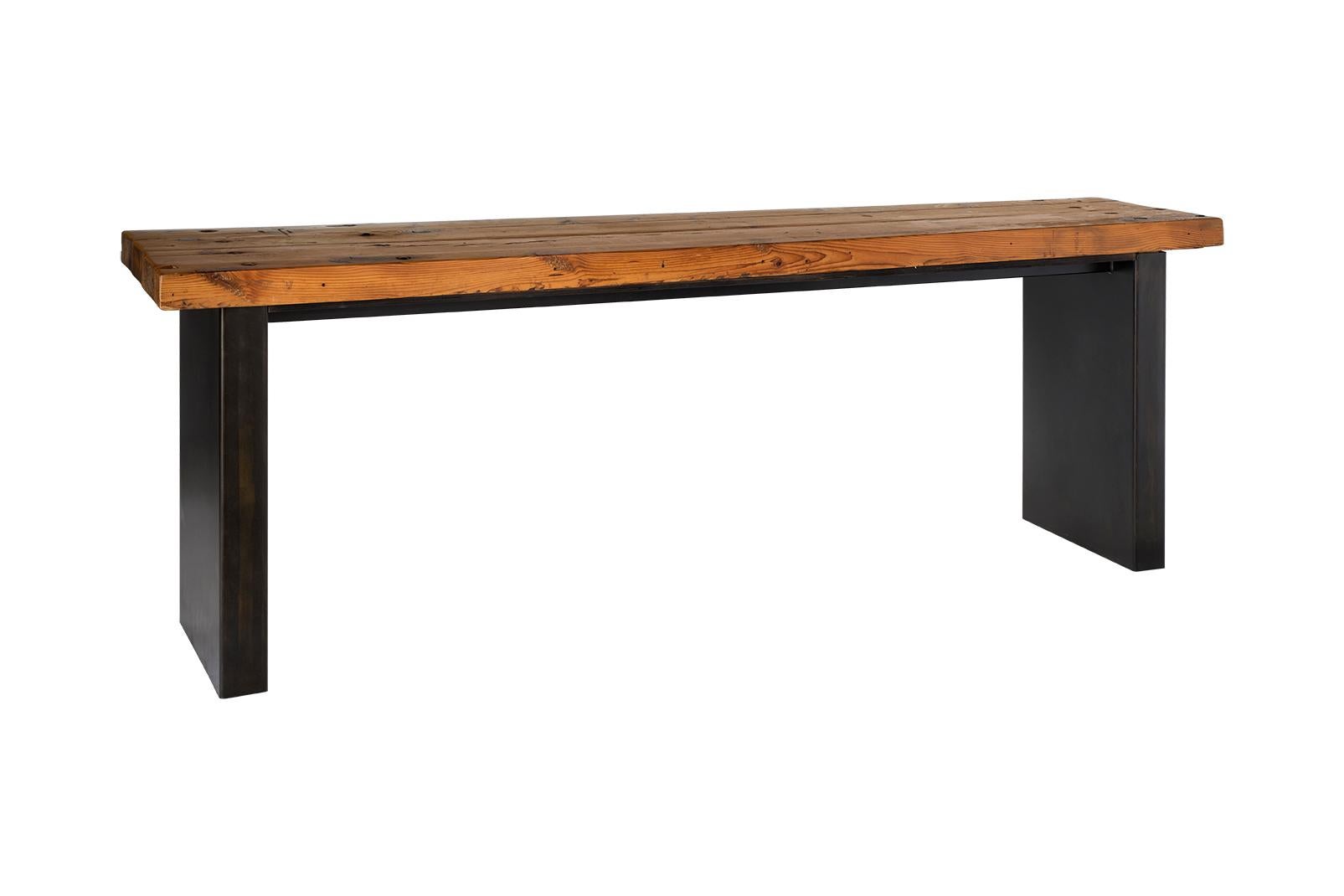 Industrial Wood Plank Top on Patinaed Steel Base Console For Sale