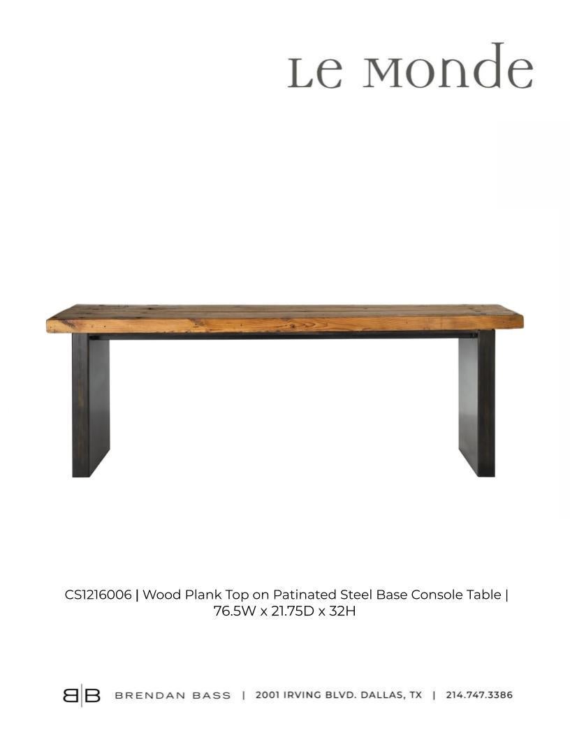 Wood Plank Top on Patinaed Steel Base Console For Sale 3