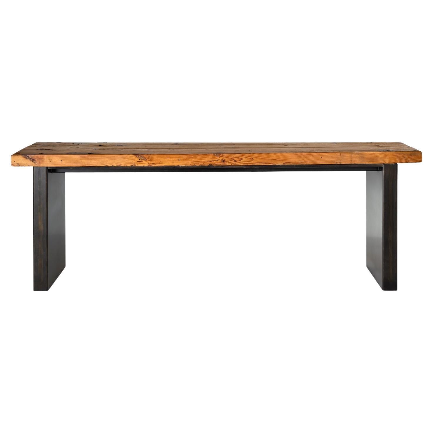 Wood Plank Top on Patinaed Steel Base Console For Sale