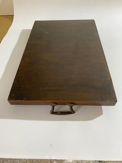 Wood Platter with Brass Handles Brown Color Old Patina, France, Circa 1940