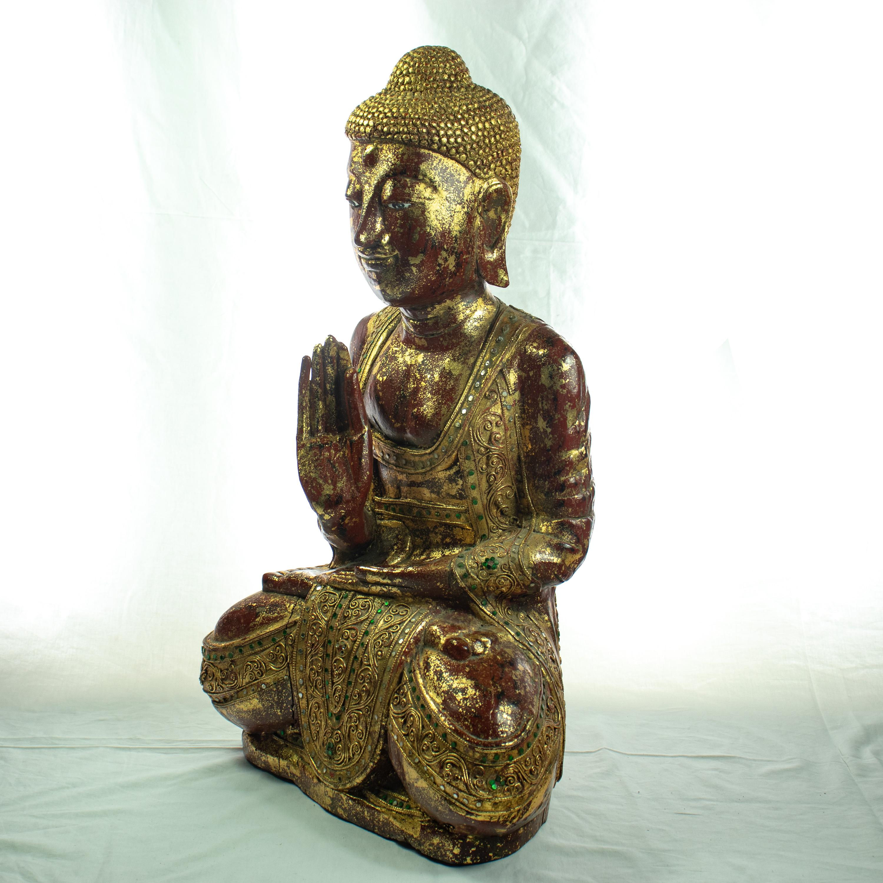 Arts and Crafts Wood Precious Stones Emeralds Ruby Medicine Buddha Meditation Sculpture For Sale