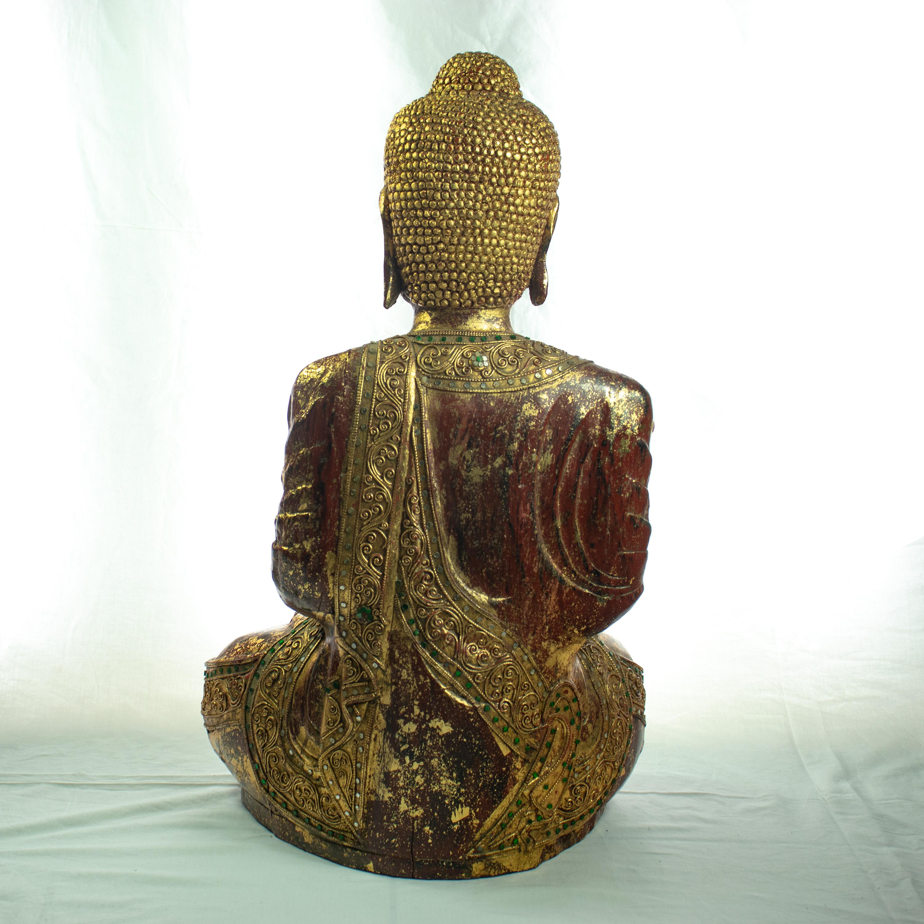 Burmese Wood Precious Stones Emeralds Ruby Medicine Buddha Meditation Sculpture For Sale