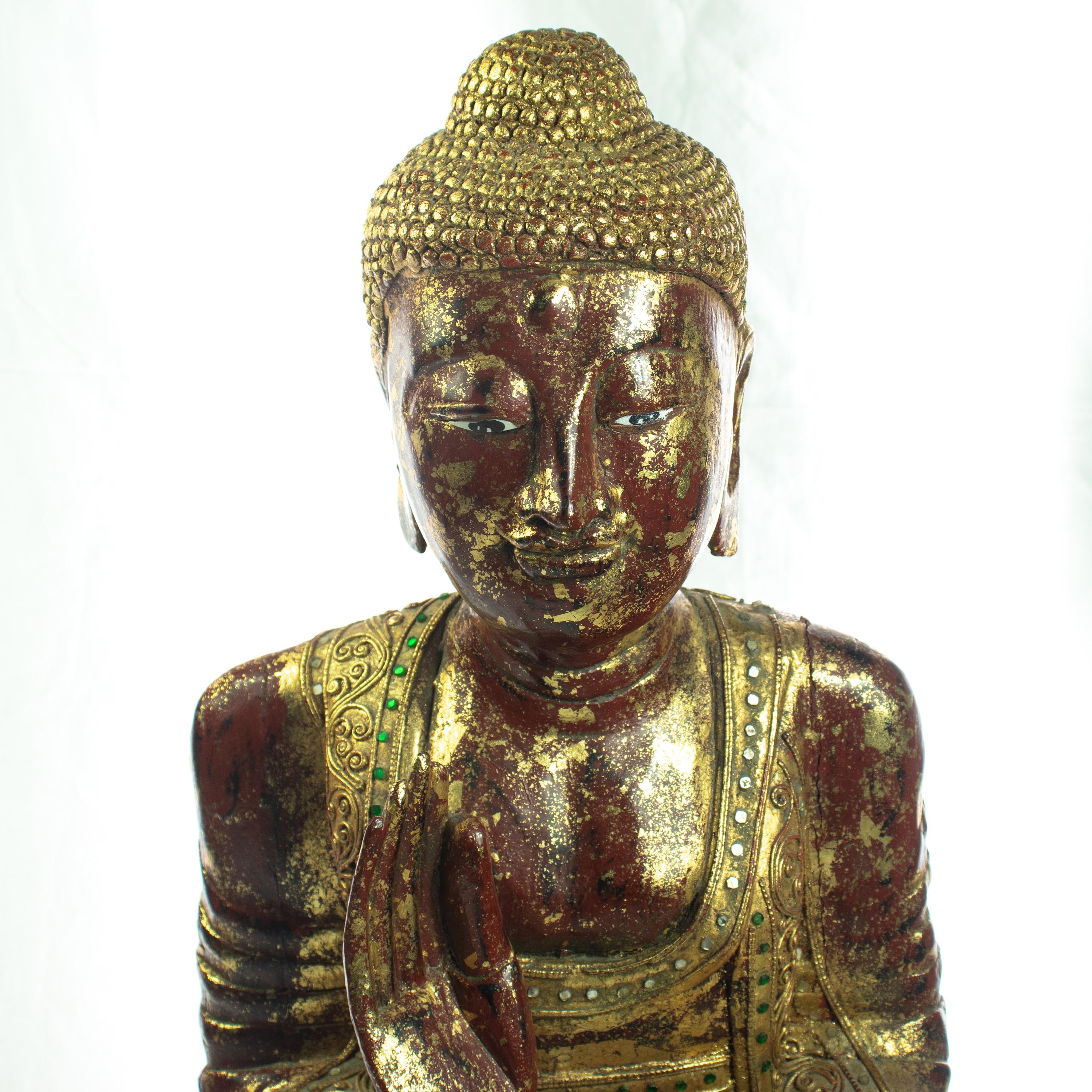 Hand-Carved Wood Precious Stones Emeralds Ruby Medicine Buddha Meditation Sculpture For Sale