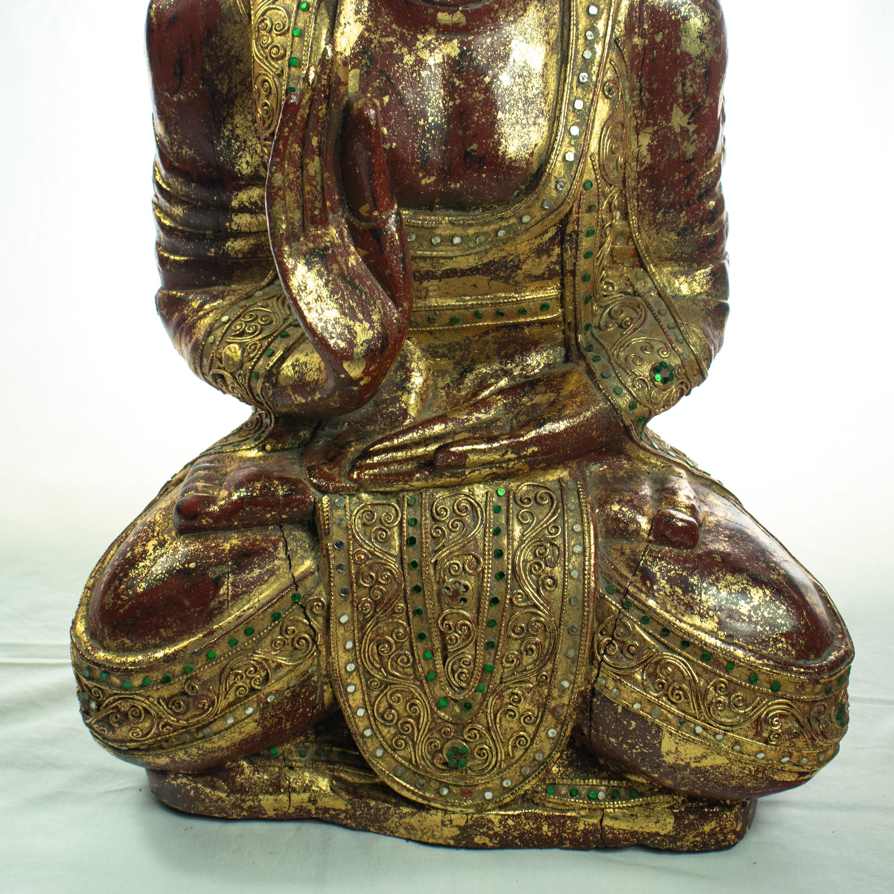 Wood Precious Stones Emeralds Ruby Medicine Buddha Meditation Sculpture In Excellent Condition For Sale In Milano, IT