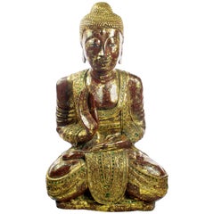 Wood Precious Stones Emeralds Ruby Medicine Buddha Meditation Sculpture