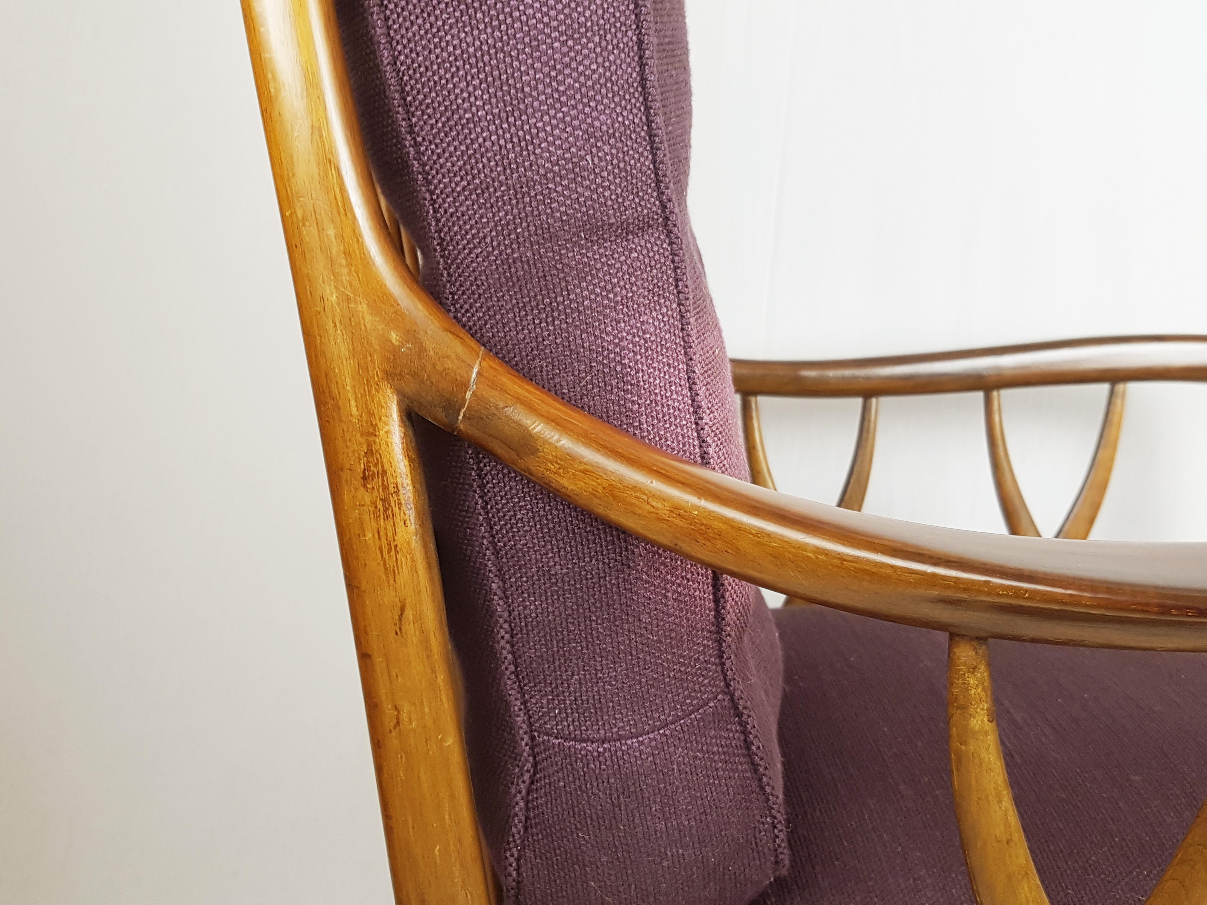 Mid-Century Modern Wood & Purple Fabric 1940-50s Armachair Attributed to Paolo Buffa For Sale