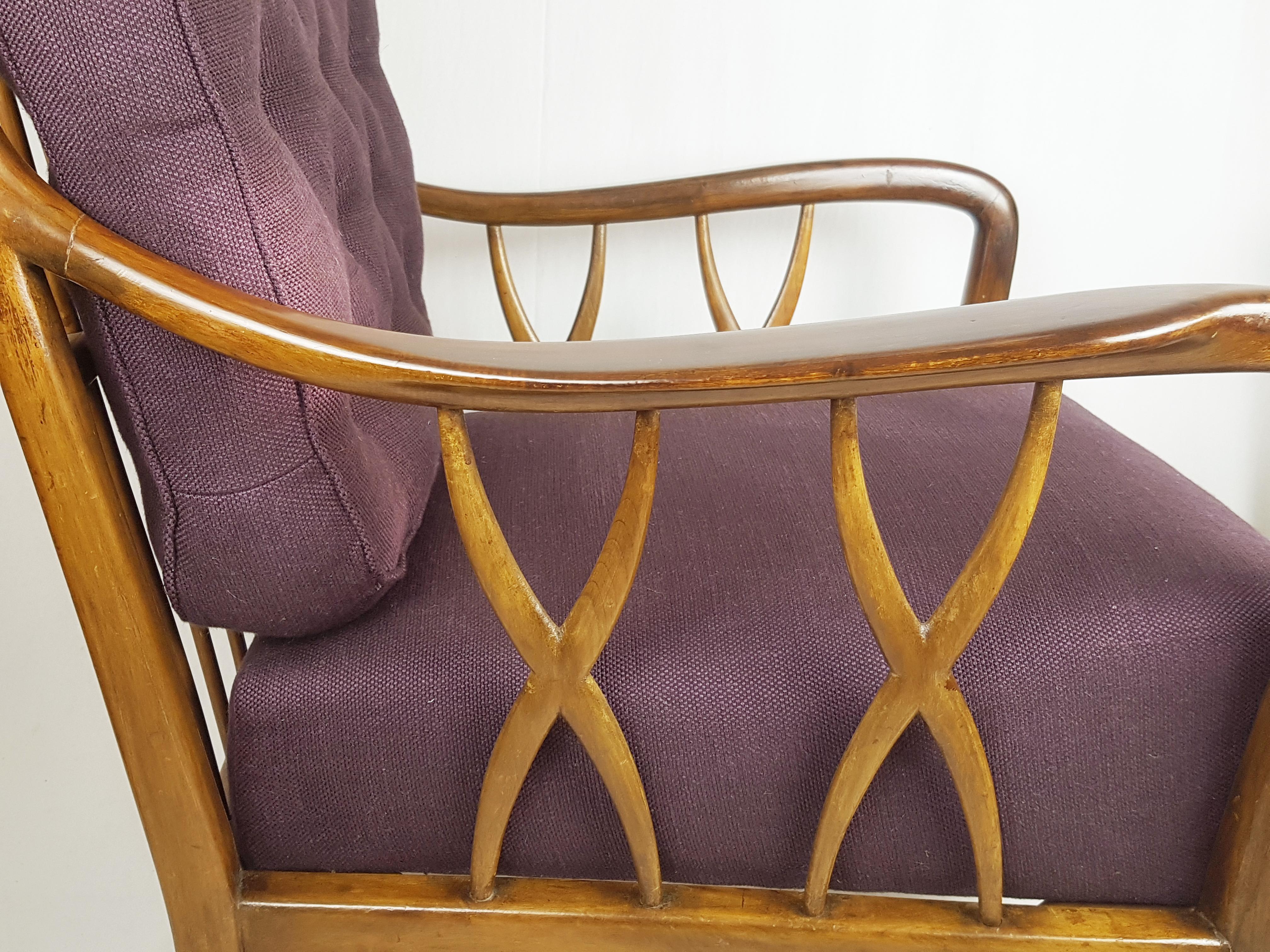 Italian Wood & Purple Fabric 1940-50s Armachair Attributed to Paolo Buffa For Sale