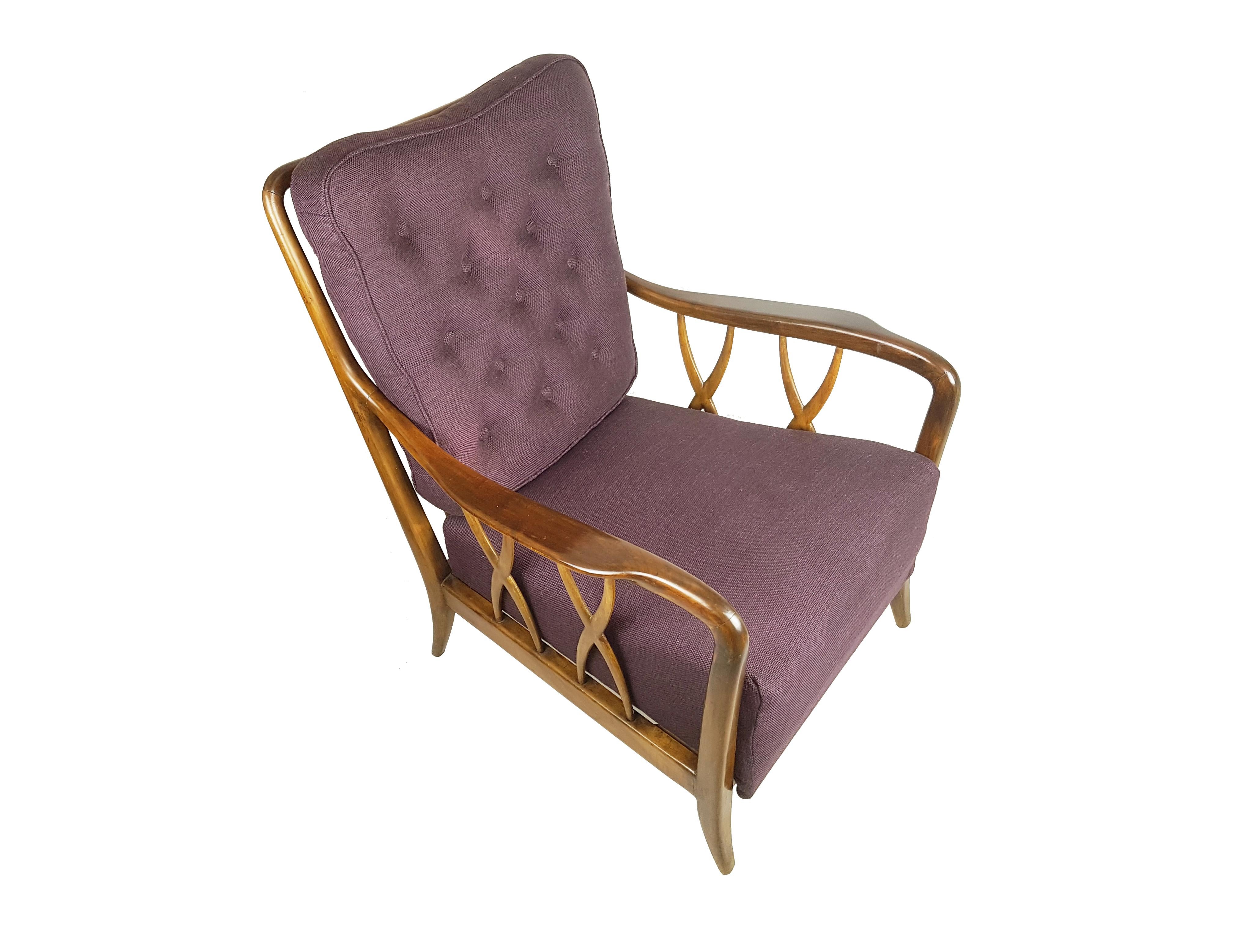 Mid-20th Century Wood & Purple Fabric 1940-50s Armachair Attributed to Paolo Buffa For Sale