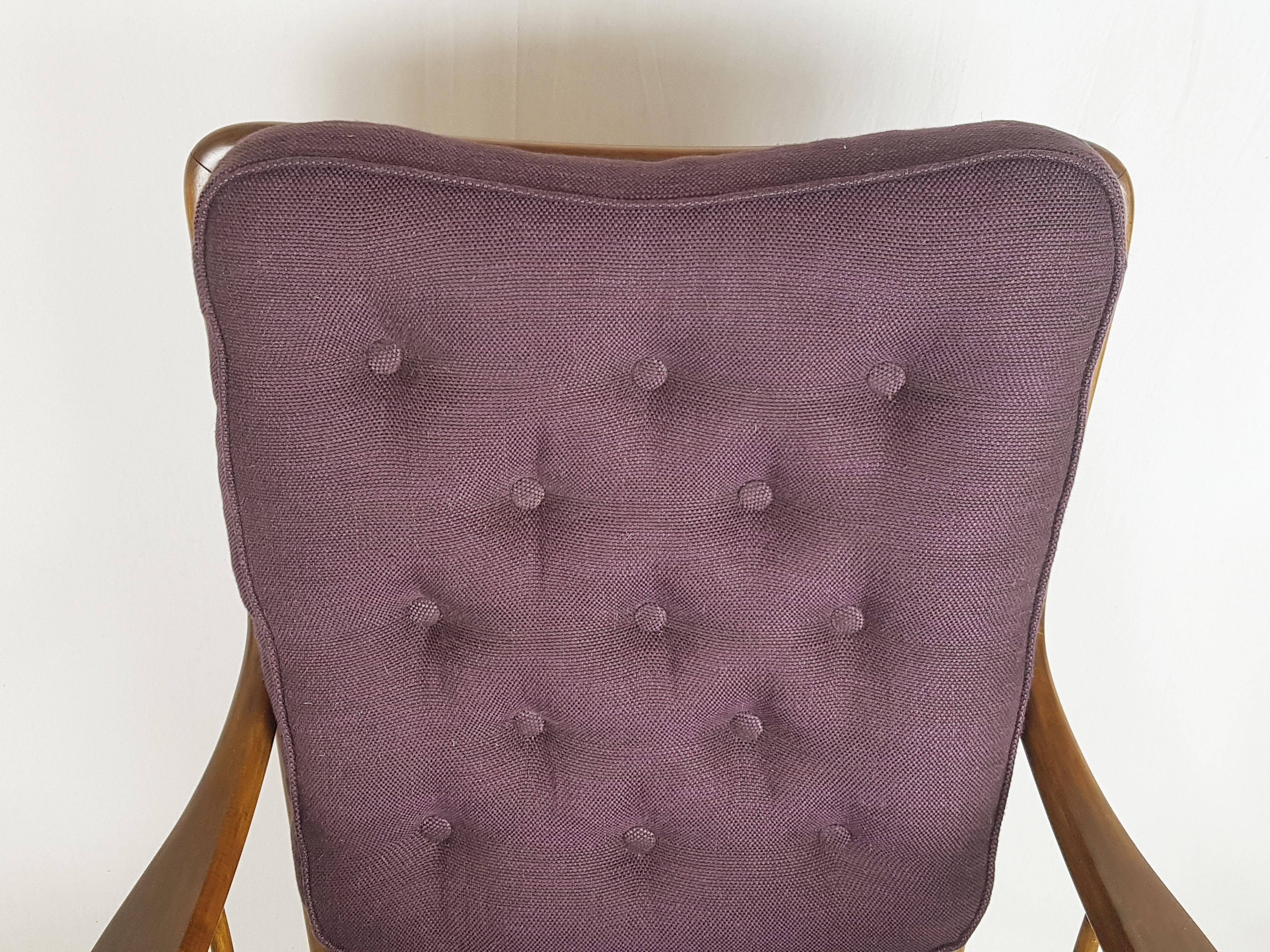 Wood & Purple Fabric 1940-50s Armachair Attributed to Paolo Buffa For Sale 1