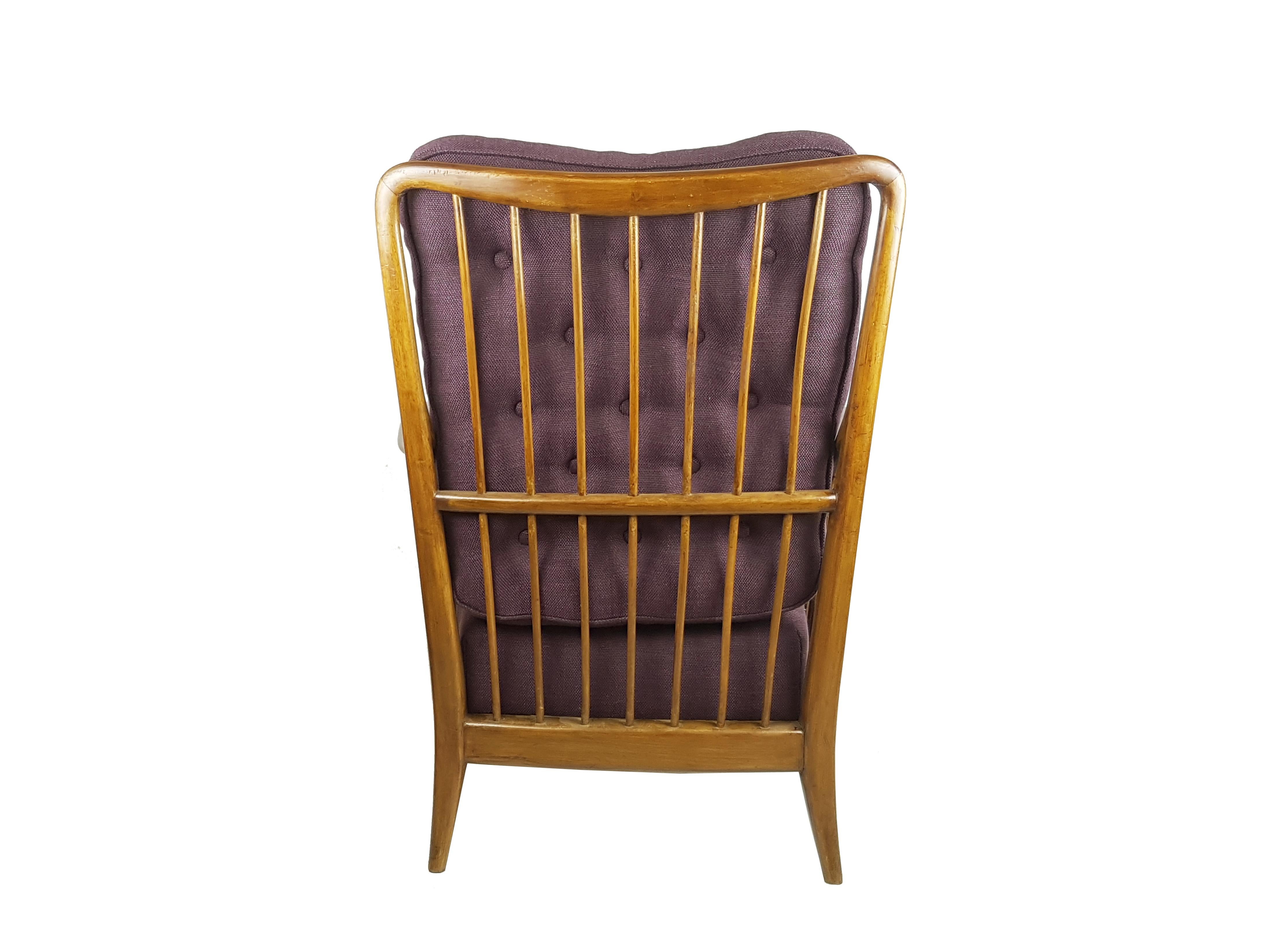 Wood & Purple Fabric 1940-50s Armachair Attributed to Paolo Buffa For Sale 3