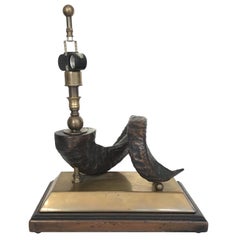Vintage Wood Ram Horn on Brass Base Lamp